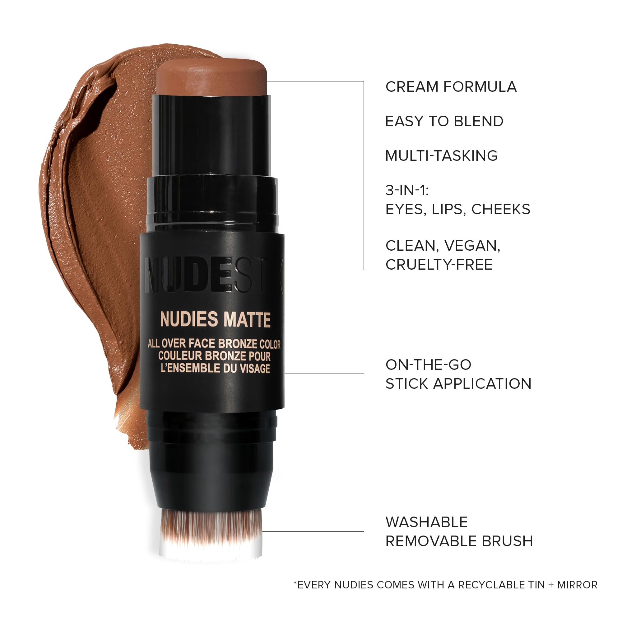 Nudestix Nudies Matte Cream Bronzer 3-In-1 All Over Face Colour For Face, Eyes, And Lips W/Blending Brush (Manilla)