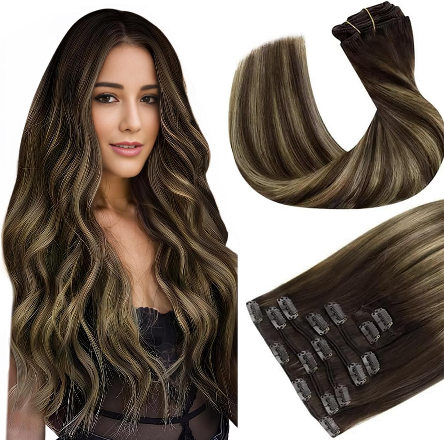 Hetto Clip in Hair Extensions Real Human Hair Brown Ombre Caramel Blonde Balayage Human Hair Clip in Extensions Dark Brown Balay