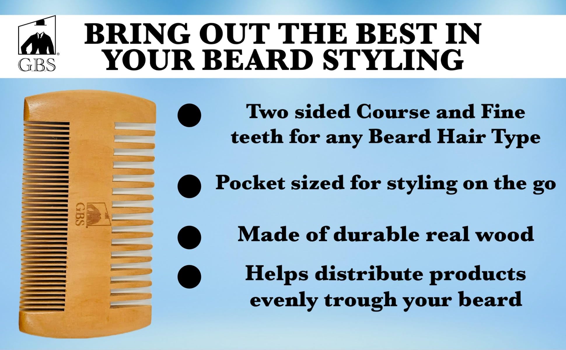 G.B.S 2 Sided Beard Comb - Pocket Sized Wooden Beard & Mustache Comb With Fine & Coarse Teeth - Perfect For Use With Beard Balms