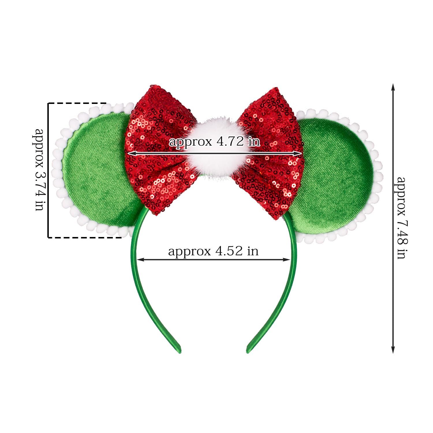 Jiahang Green Velvet Mouse Ears Headband With White Pom Pom Ball, Red Hair Bow Headband, Party Fashion Headwear Hair Accessories