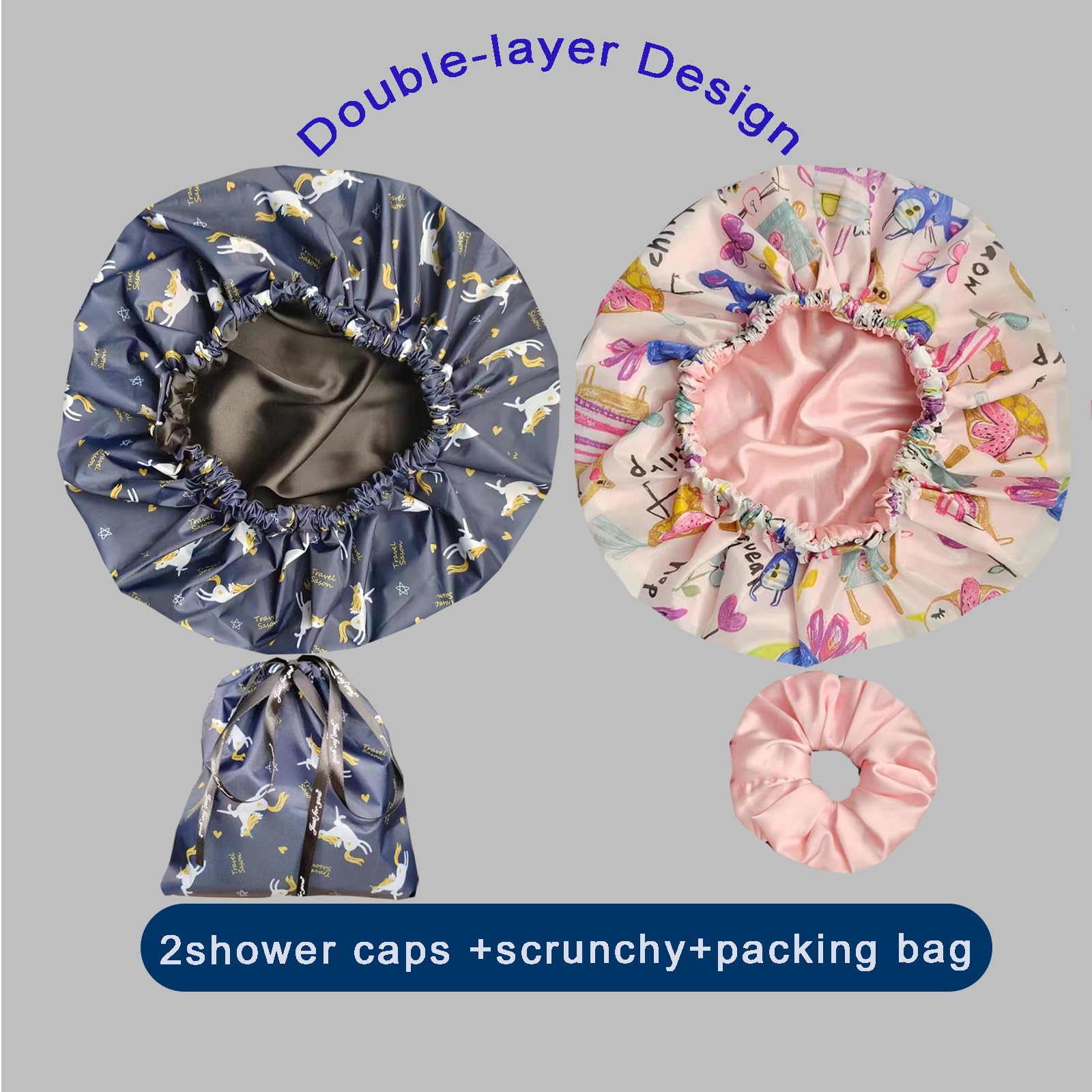 2Pcs Luxury Shower Cap For Women Machine Washable, Extra Large And Reusable Silky Satin Lined Shower Cap Waterproof, Adjustable,