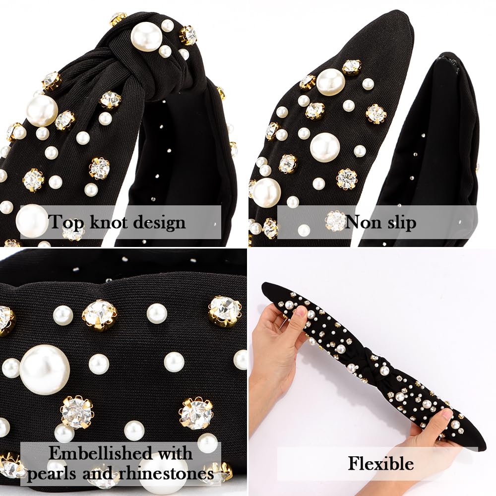 Atoden Black Wide Top Knot Headband With Pearl Rhinestone For Women'S Hair Embellished Headbands Non Slip Sparkly Hair Bands Fas