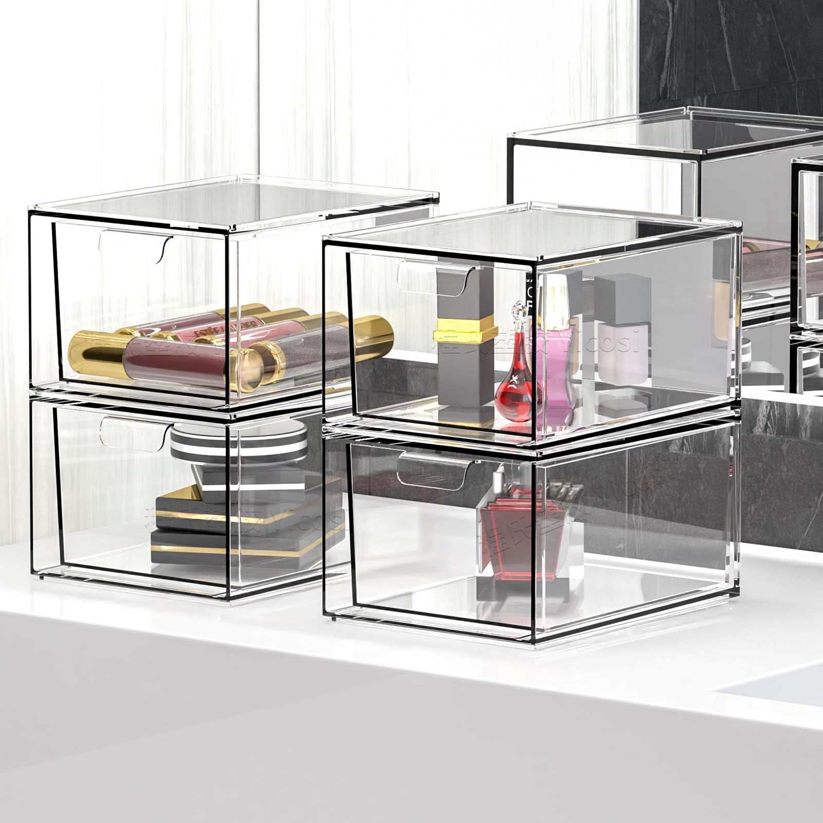 4 Pack Stackable Storage Drawers,4.5'' Tall Acrylic Bathroom Makeup Organizer,Plastic Storage Bins With Handles For Vanity,Home