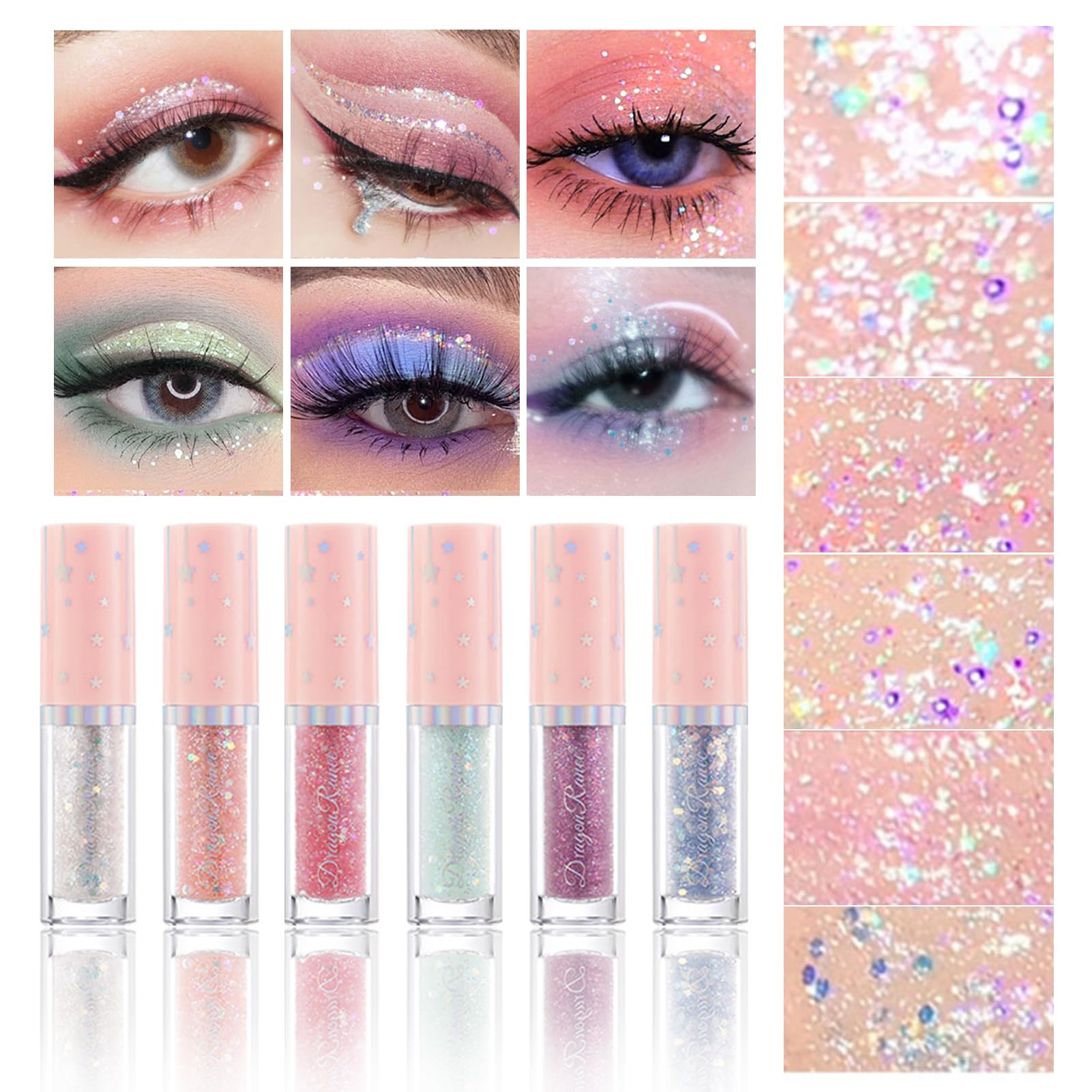6Pcs Liquid Glitter Eyeshadow Eyeliner, Korean Makeup Glitter Shimmery Shinning Eye Liner Long Lasting Quick Drying Pigmented Lo