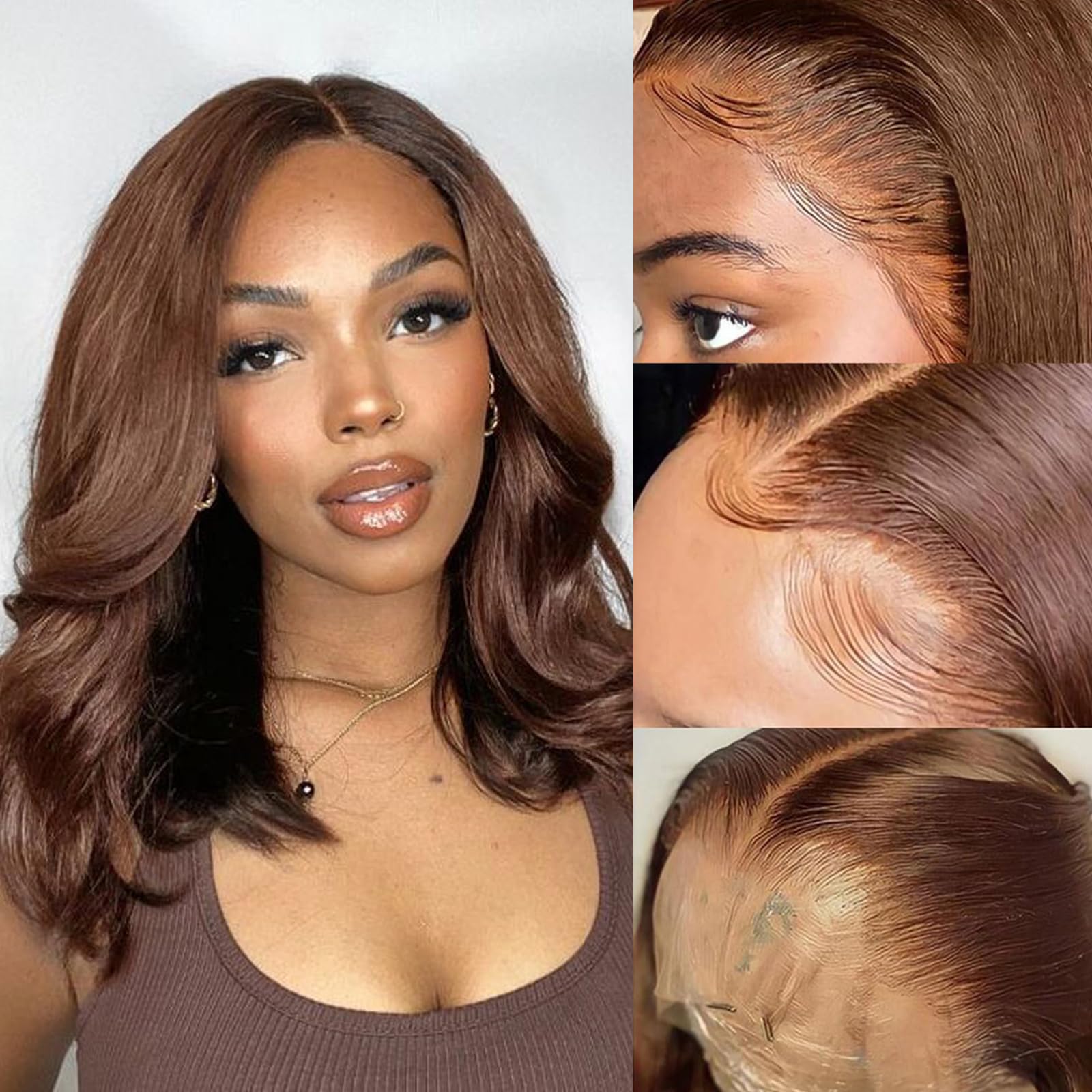 Chocolate Brown Bob Wig Human Hair 13x4 Frontal Lace Wig 14 Inch Body Wave HD Lace Front Wigs Human Hair Pre Plucked Glueless Bo