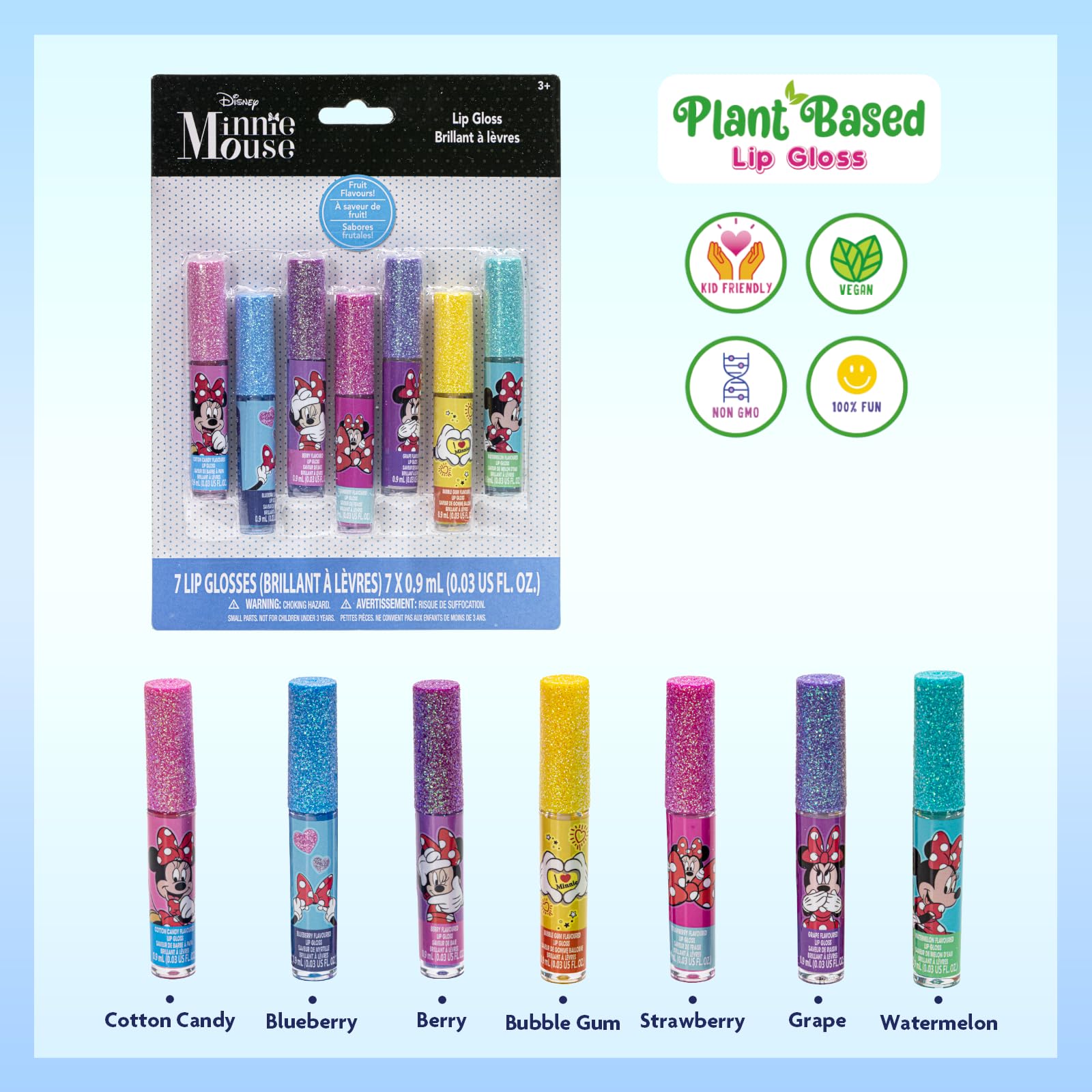 Townley Girl Super Sparkly Lip Gloss Set Featuring Disney Minnie Mouse - 7 Fun Flavors for Girls, Ideal for Sleepovers, Makeover