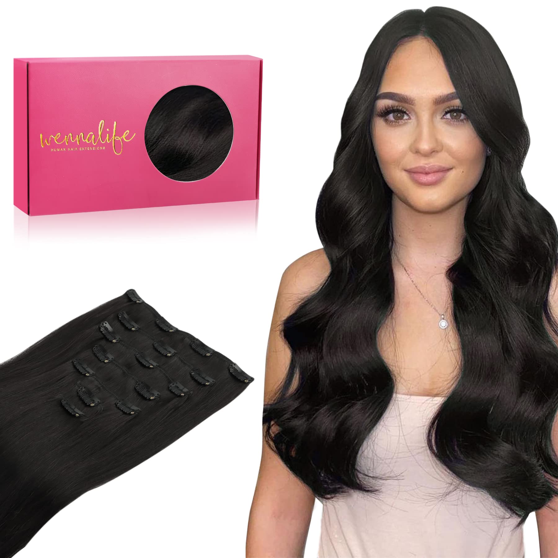 Wennalife Clip In Human Hair Extensions, 16 Inch 120G 7Pcs Natural Black Hair Extensions Clip In Human Hair Remy Clip In Hair Ex