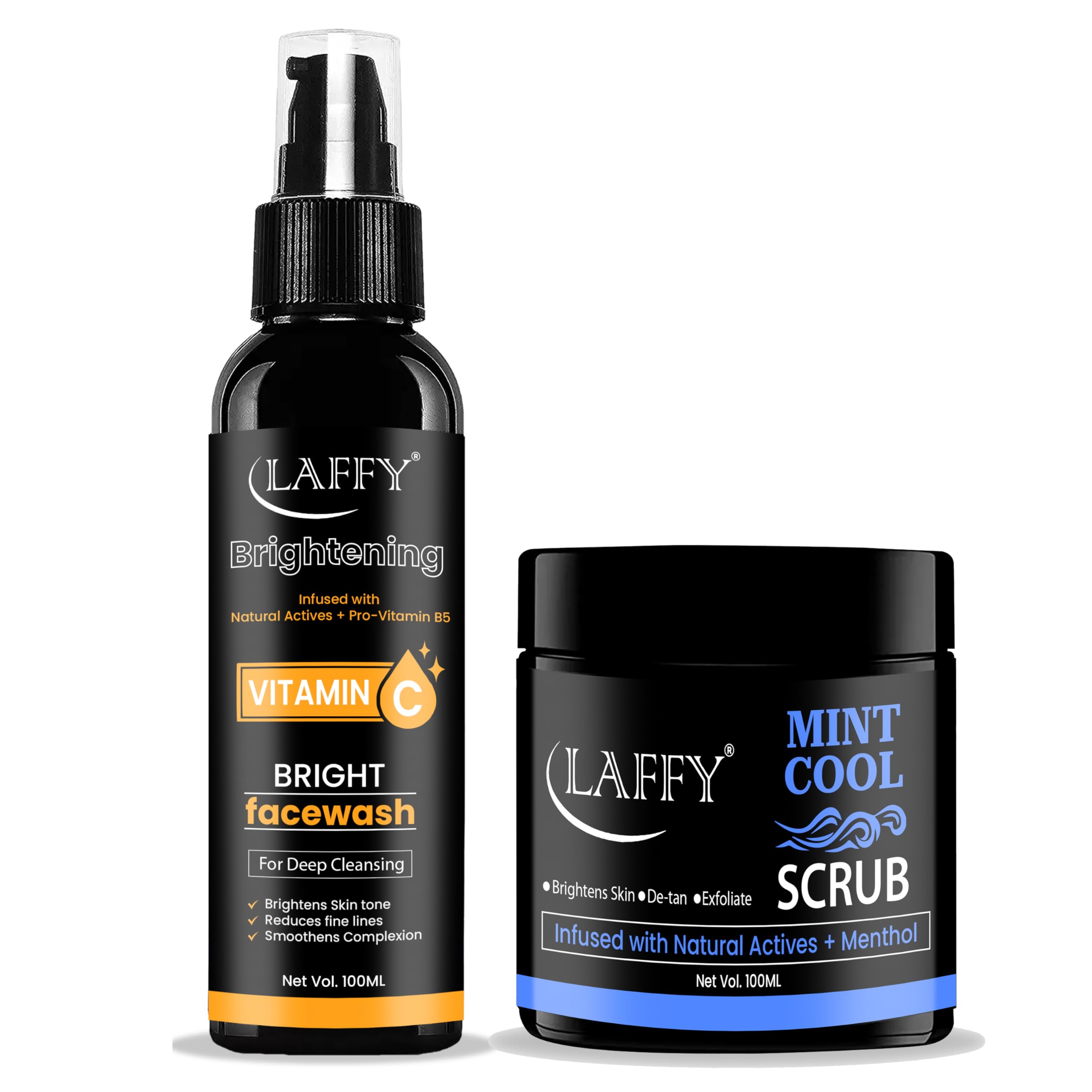 Laffy  Vitamin C Bright Face Wash (100Ml) & Mint Cool Face Scrub (100Gm) Combo | Skin Brightening Cleanser & Refreshing Exfolia