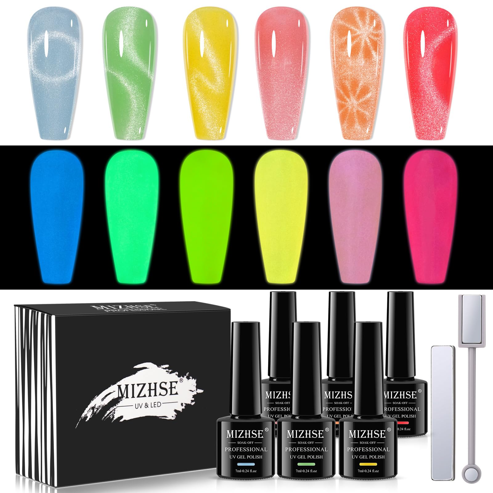 MIZHSE Glow in The Dark Gel Nail Polish, Cat Eye Gel Polish, Macaroon Gel Nail Polish Colors Set, Shimmer Nail Gel Soak Off Nail
