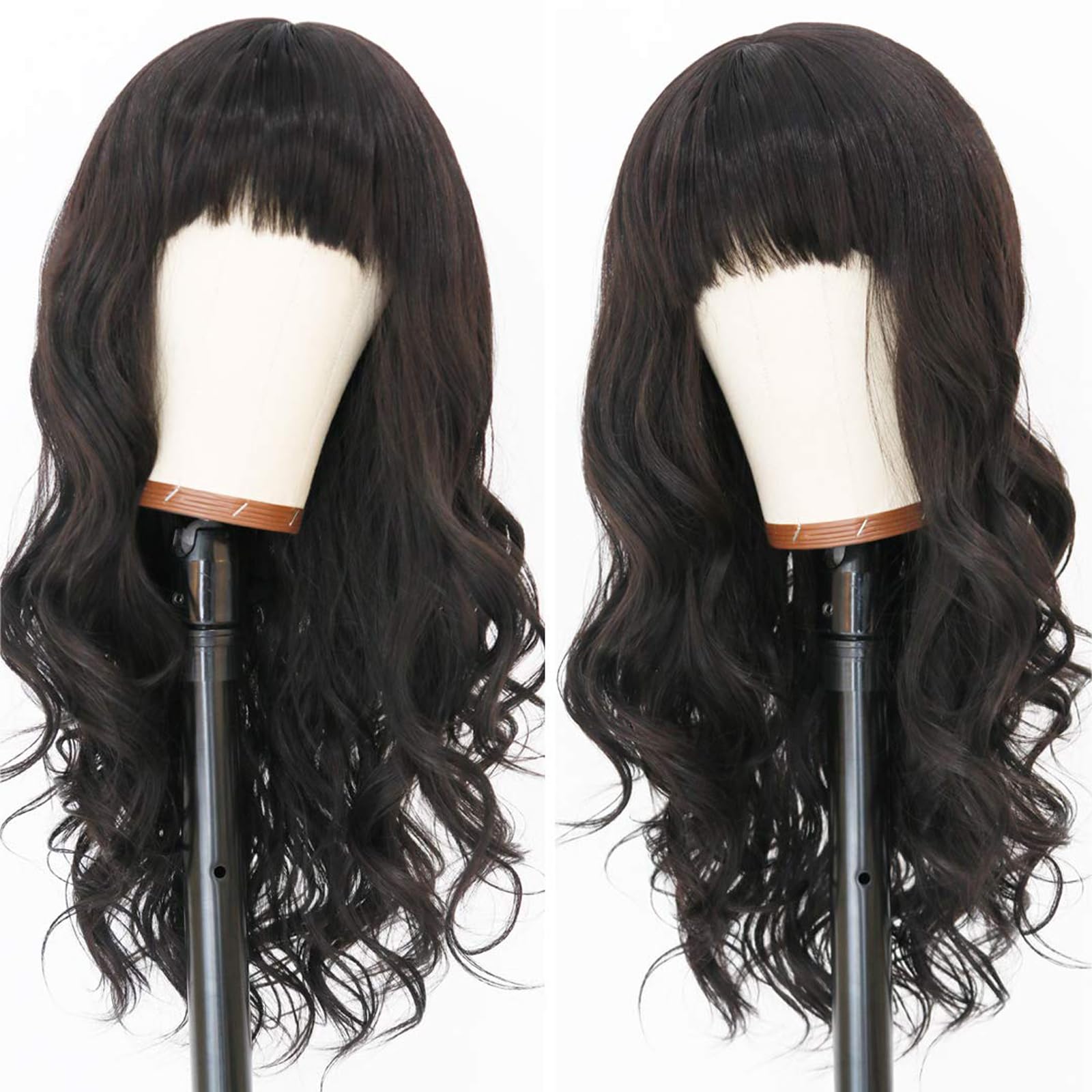 Evlynn Wigs With Bangs Long Curly Wavy Wave Wig Synthetic Fiber Natural Black Hair Glueless Long Wig Full Machine None Lace Fron