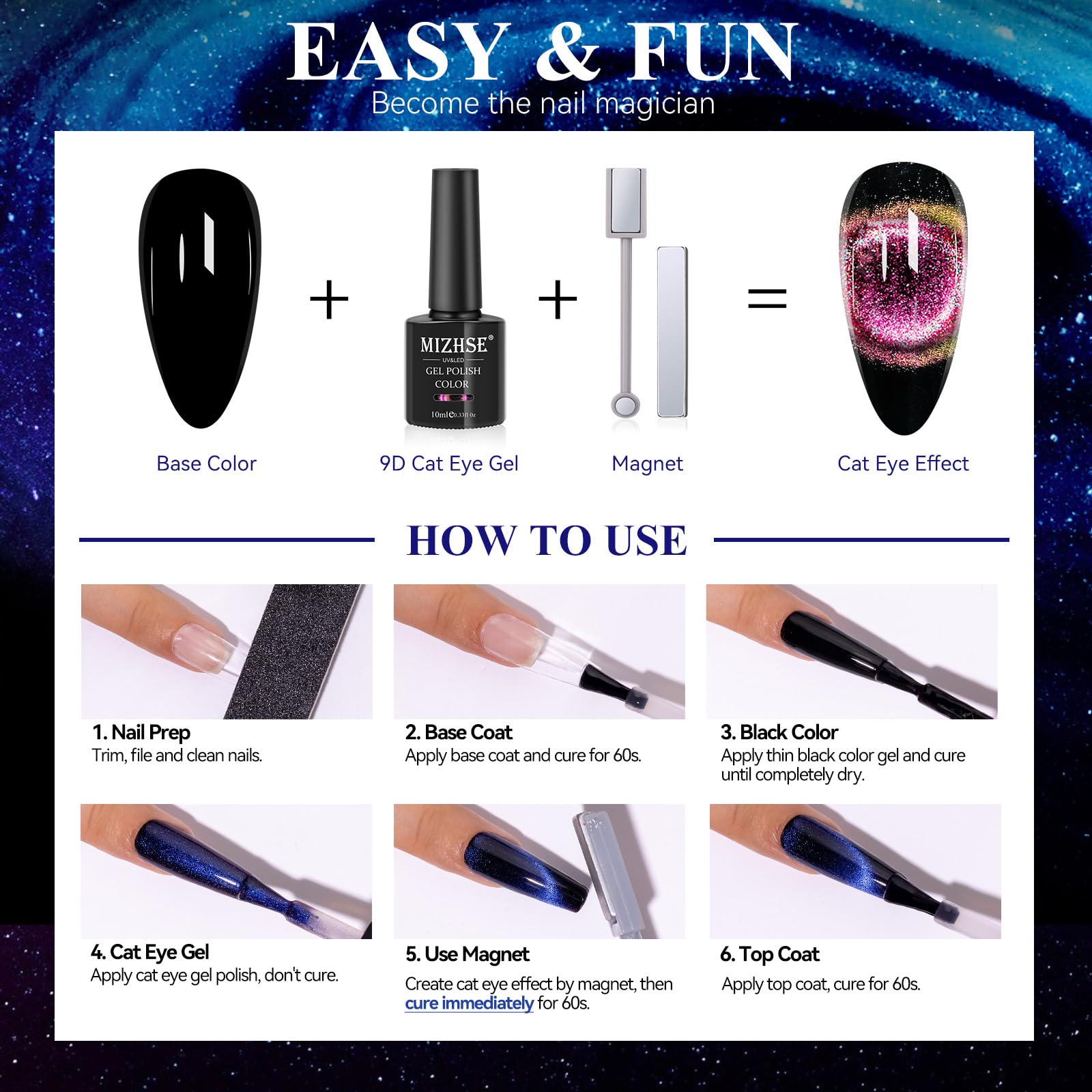 Mizhse 9D Cat Eye Gel Nail Polish, Magnetic Cat Eye Gel Polish Set, 10Ml*6 With 2 Magnets, Classic Colors Chameleon Magic Galaxy