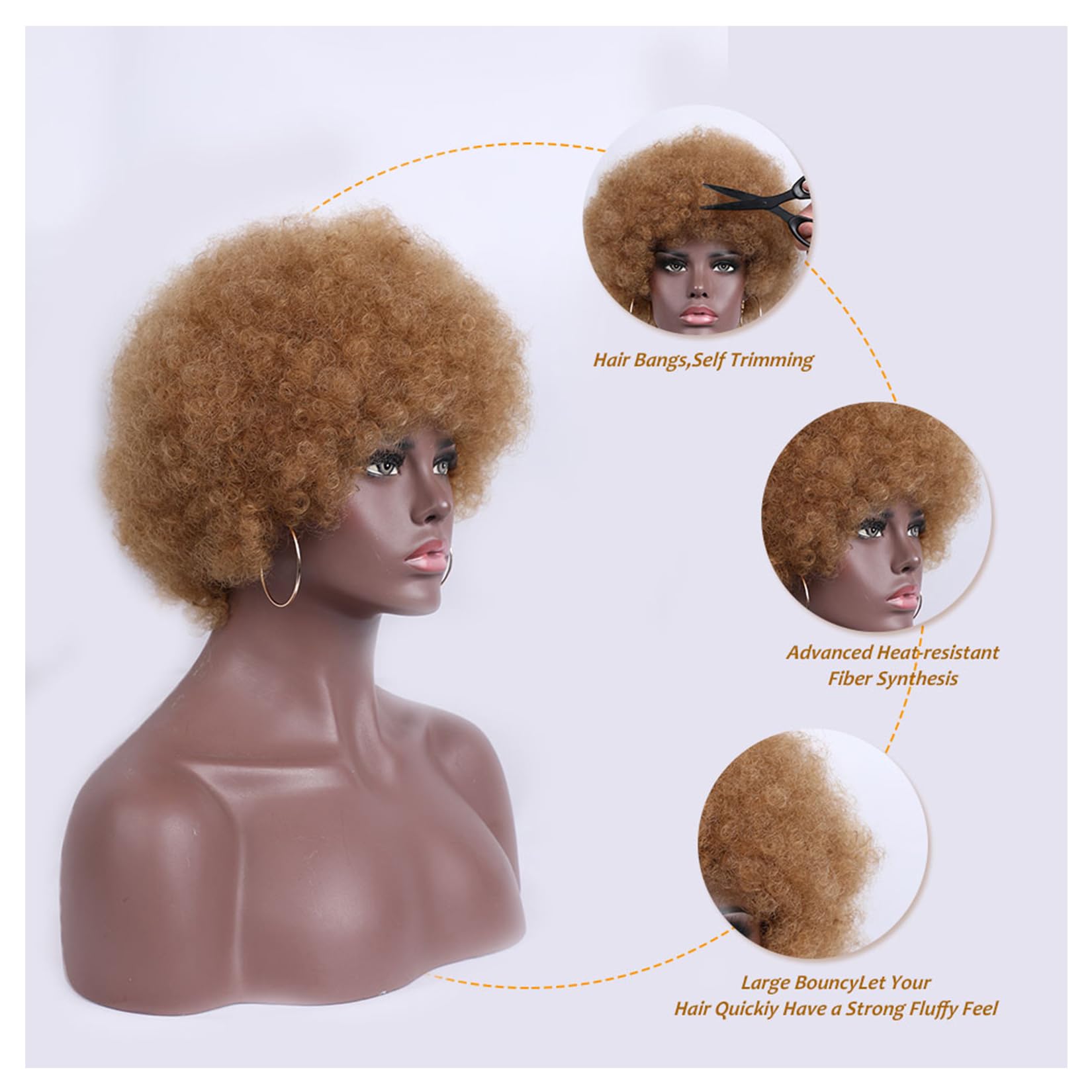Kavsni Wig 70'S Curly Wigs For Black Women Large Bouncy Fluffy And Soft Natural Looking Afro Kinky Wig 8 Inches (Gold Hoop Earri