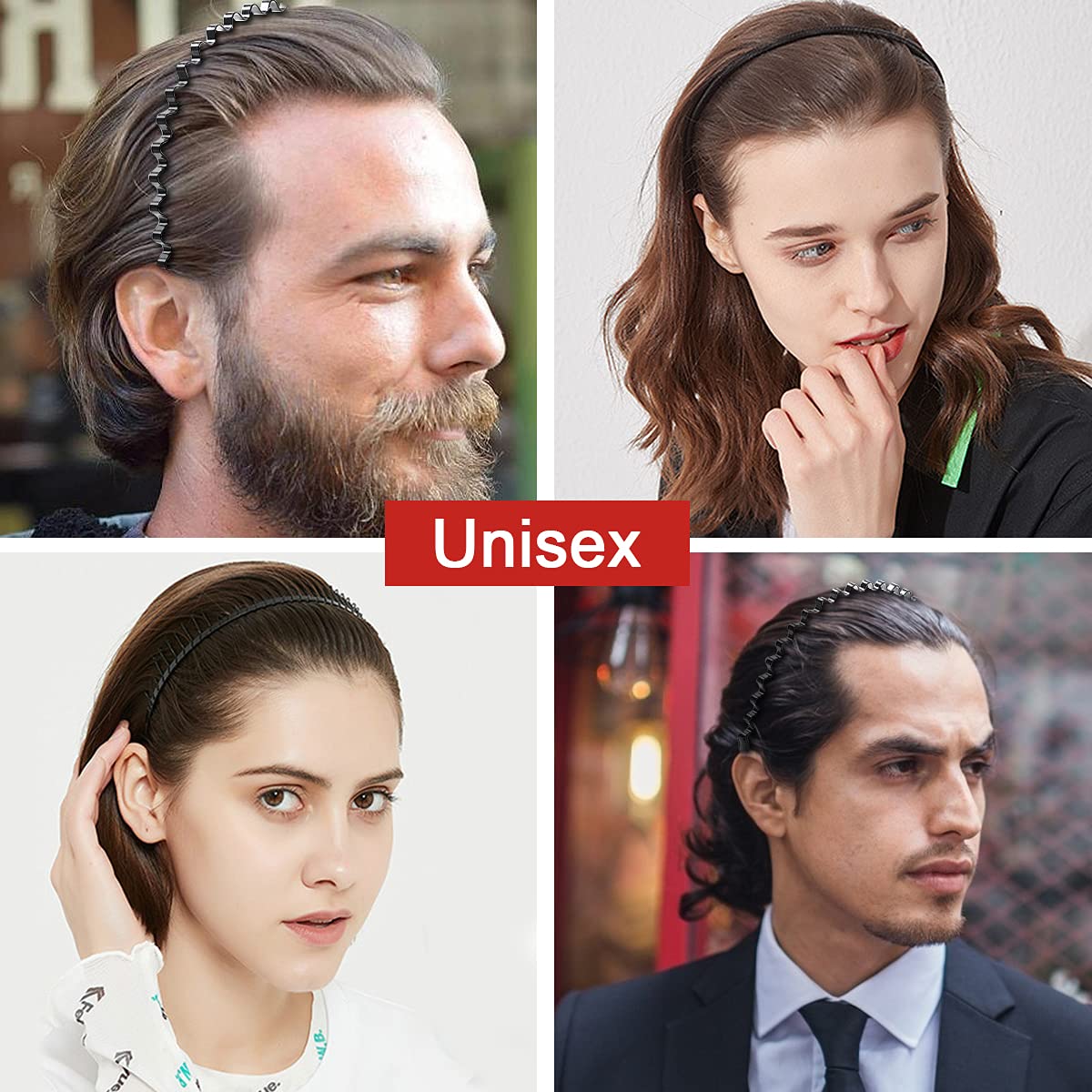 URAQT Metal Headbands, 6 Pcs Fashion Unisex Black Spring Wavy Headwear Hair Hoop for Men Women, Non-slip Sports Hairband Metal H