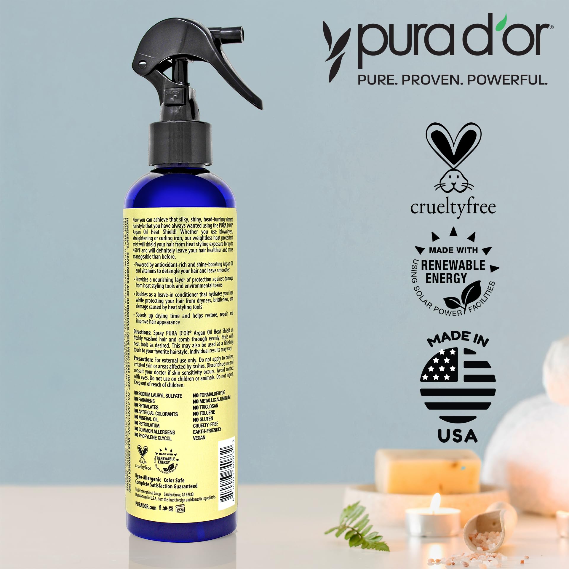 PURA D'OR 8 Oz Argan Oil Heat Shield Protectant Spray with Select Organic Ingredients, Protects Up To 450 F From Flat Iron & Hot