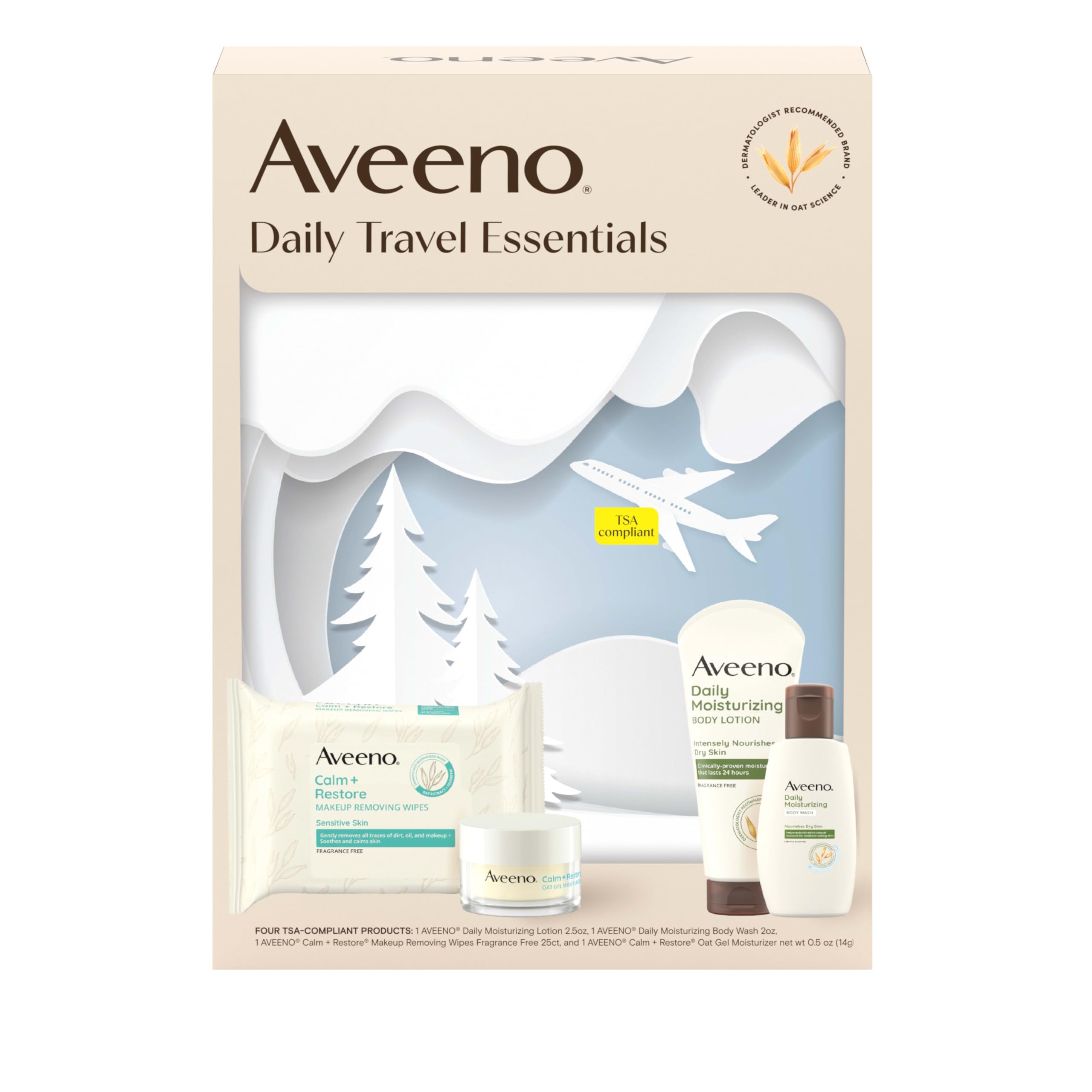 Aveeno Daily Travel Essentials Gift Set with Daily Moisturizing Lotion, Daily Moisturizing Body Wash, Calm + Restore Makeup Remo