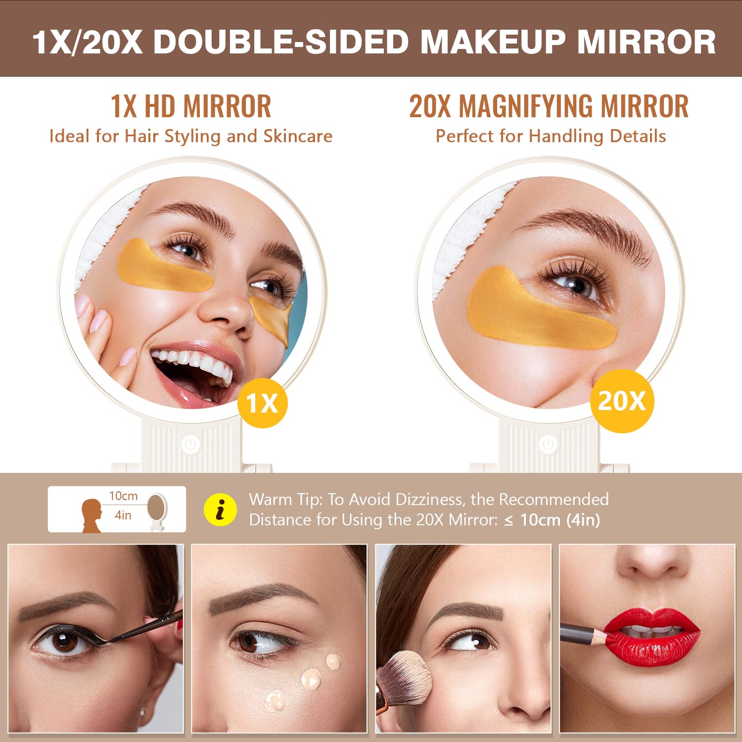 Auxmir 1X/20X Magnifying Mirror with Light, Double Sided Makeup Mirror with Adjustable Folding Handle, 2000mAh Rechargeable Vani