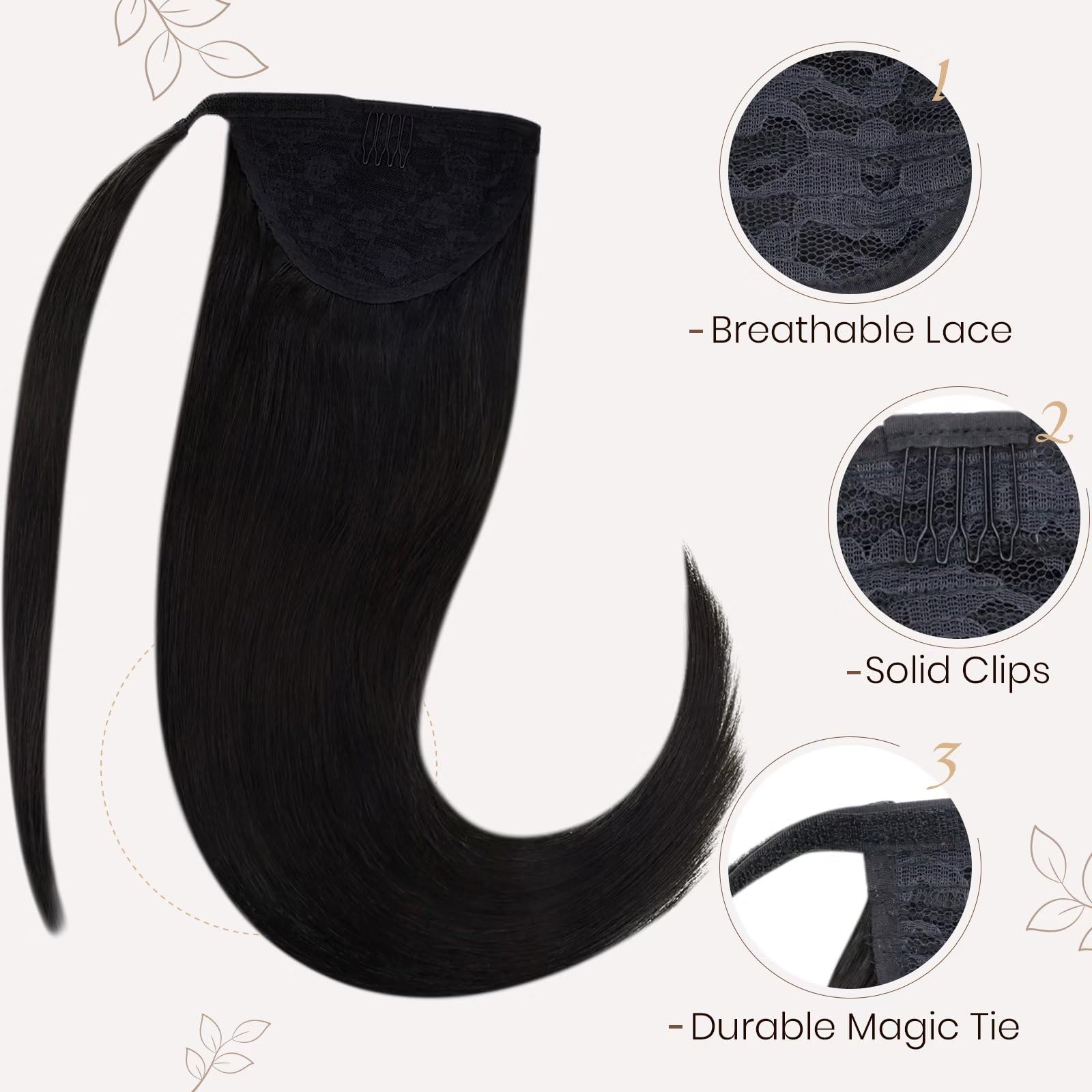 Hetto Ponytail Extension Human Hair Ponytail Extension Black Human Hair Ponytail Hair Extensions Natural Black 12inch 70g #1