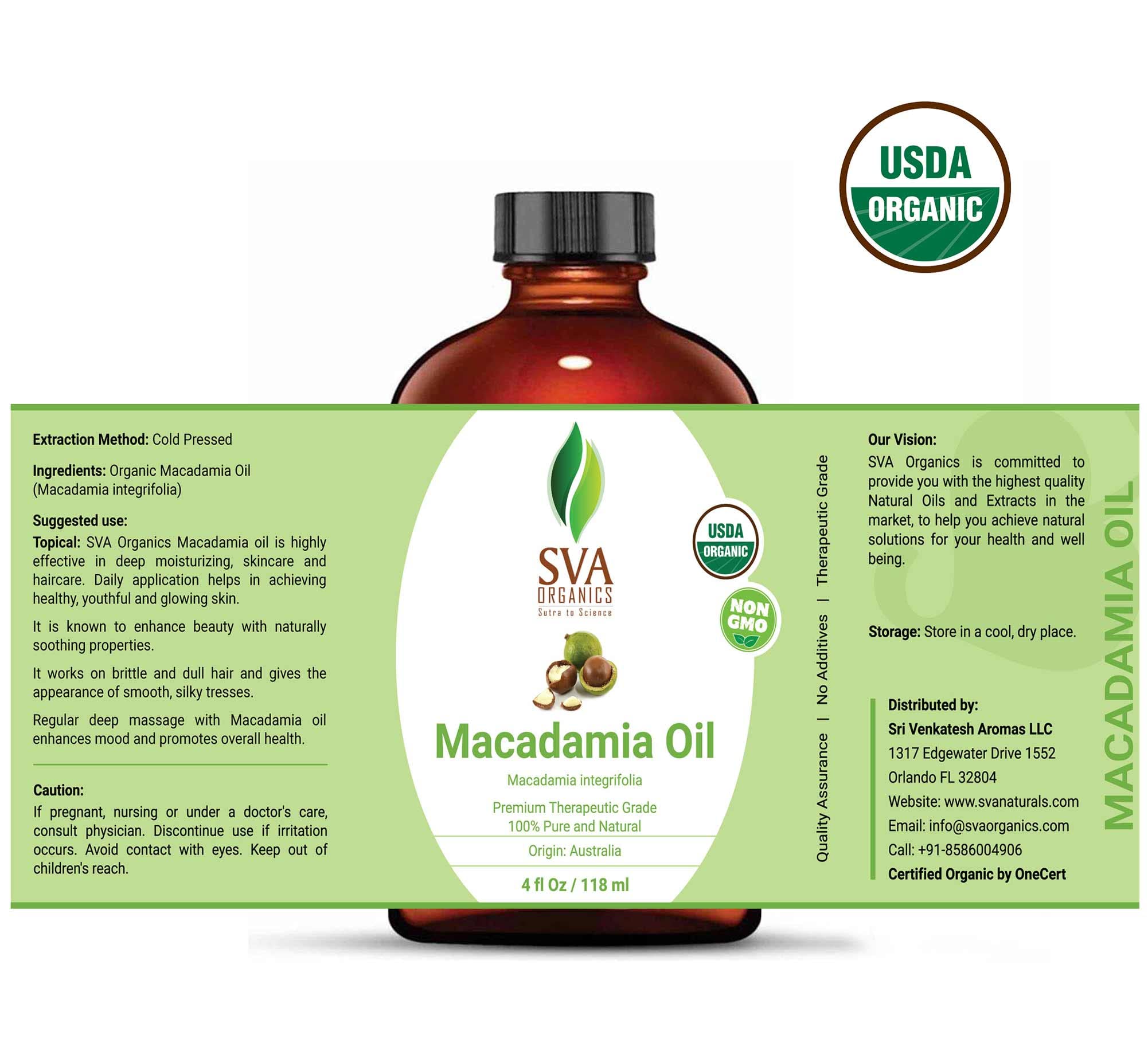Sva Macadamia Seed Oil Organic - 4 Fl Oz - 100% Natural Cold Pressed Organic Macadamia Oil - For Face, Skin Care, Hair Care, Sca