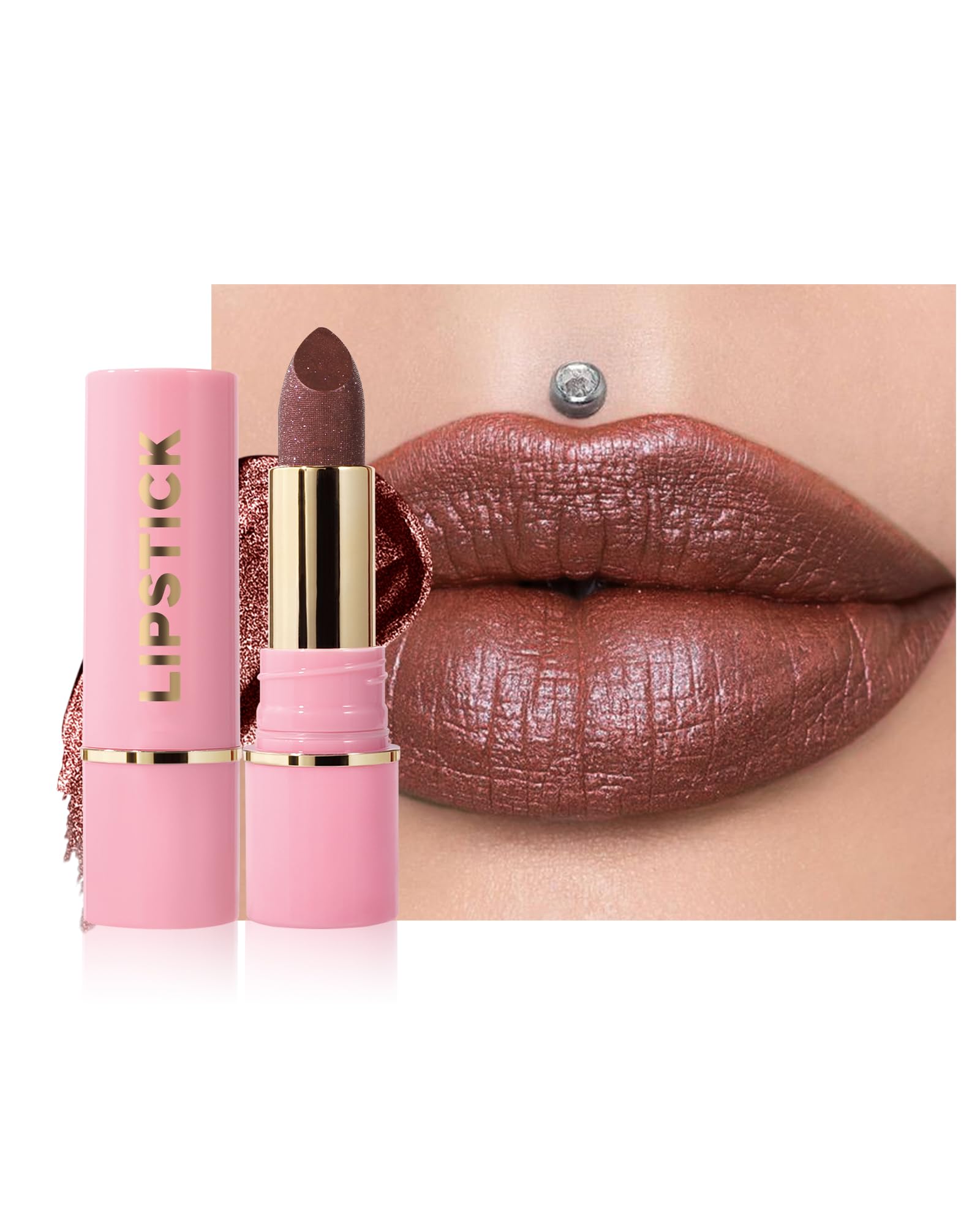 Diamond Glitter Matte Lipstick,Red Brown Metallic Shimmer Lip Gloss Lip Tint,Longlasting Waterproof Non-Stick Lip Color,Full Cov