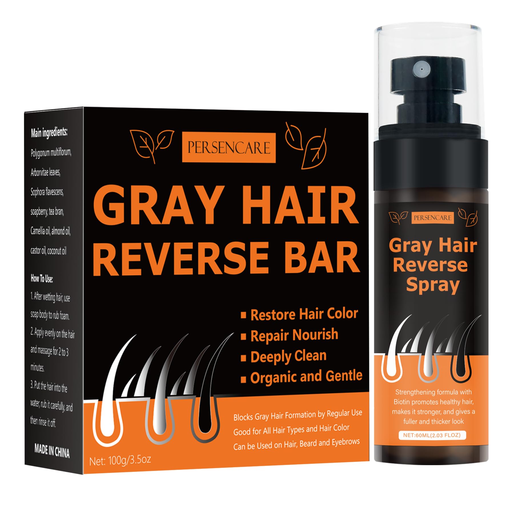 VAEYAE Gray Hair Reverse Bar + Spray Sets, Men & Women Cover Grey Hair Serum and He Shou Wu Darkening Soap, Natural Herbal Polyg