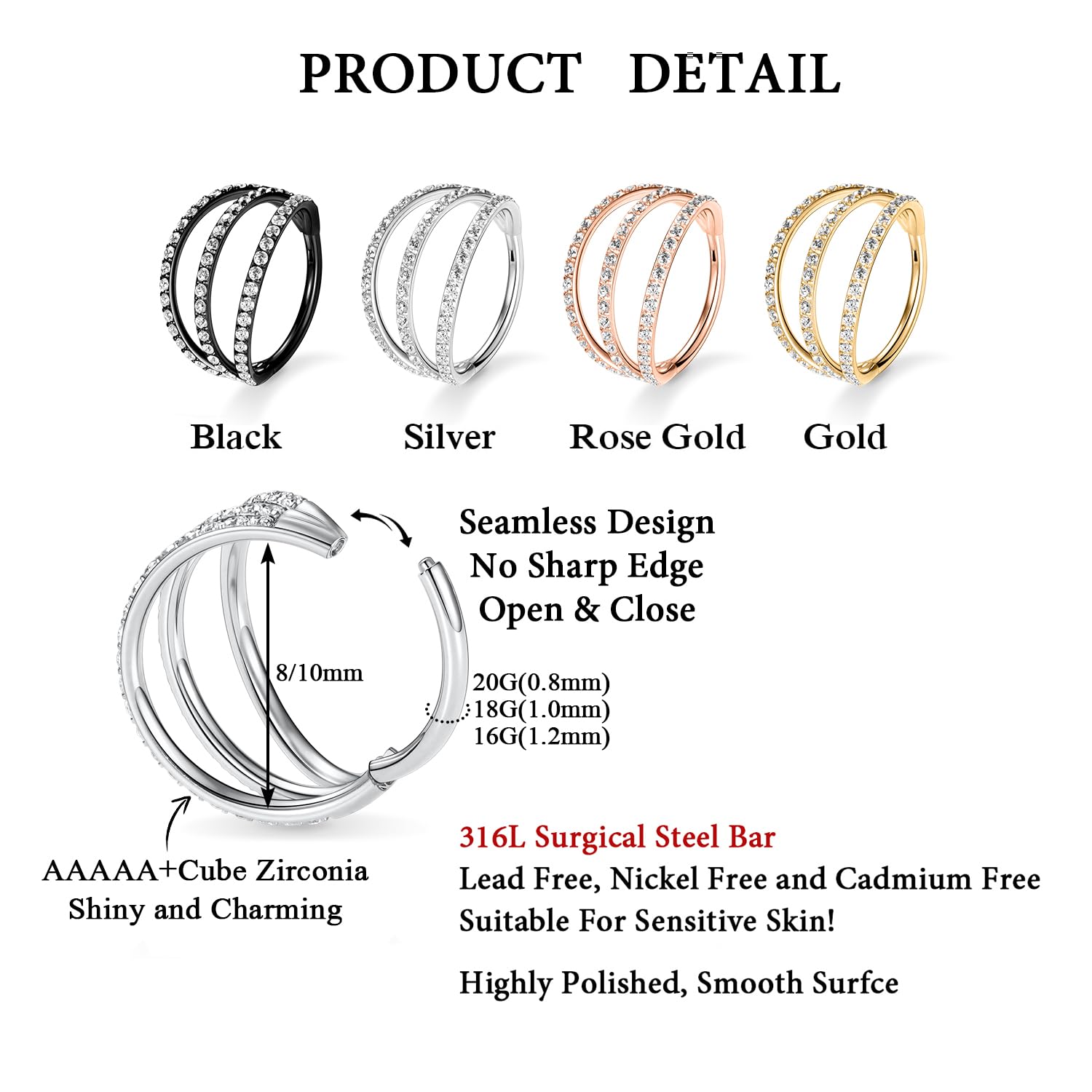 FUNLMO 18G Nose Septum Rings Conch Daith Rook Helix Piercing Jewelry Cartilage Earring Hoop Earrings Helix Daith Rook Cartilage