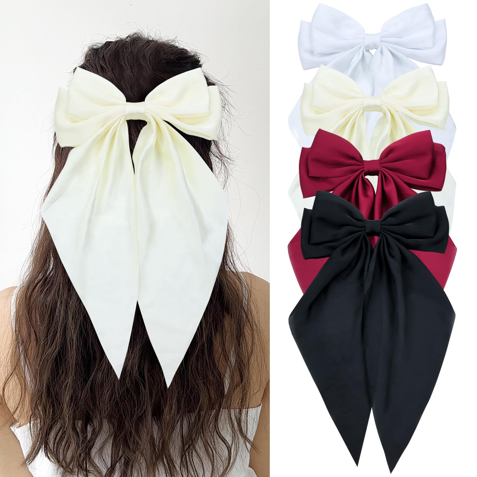 Cinaci 4 Pieces Large Big Oversized Silky Satin Hair Bows for Women Girls Teens, Fancy Long Tail Bow French Barrettes Hair Clips