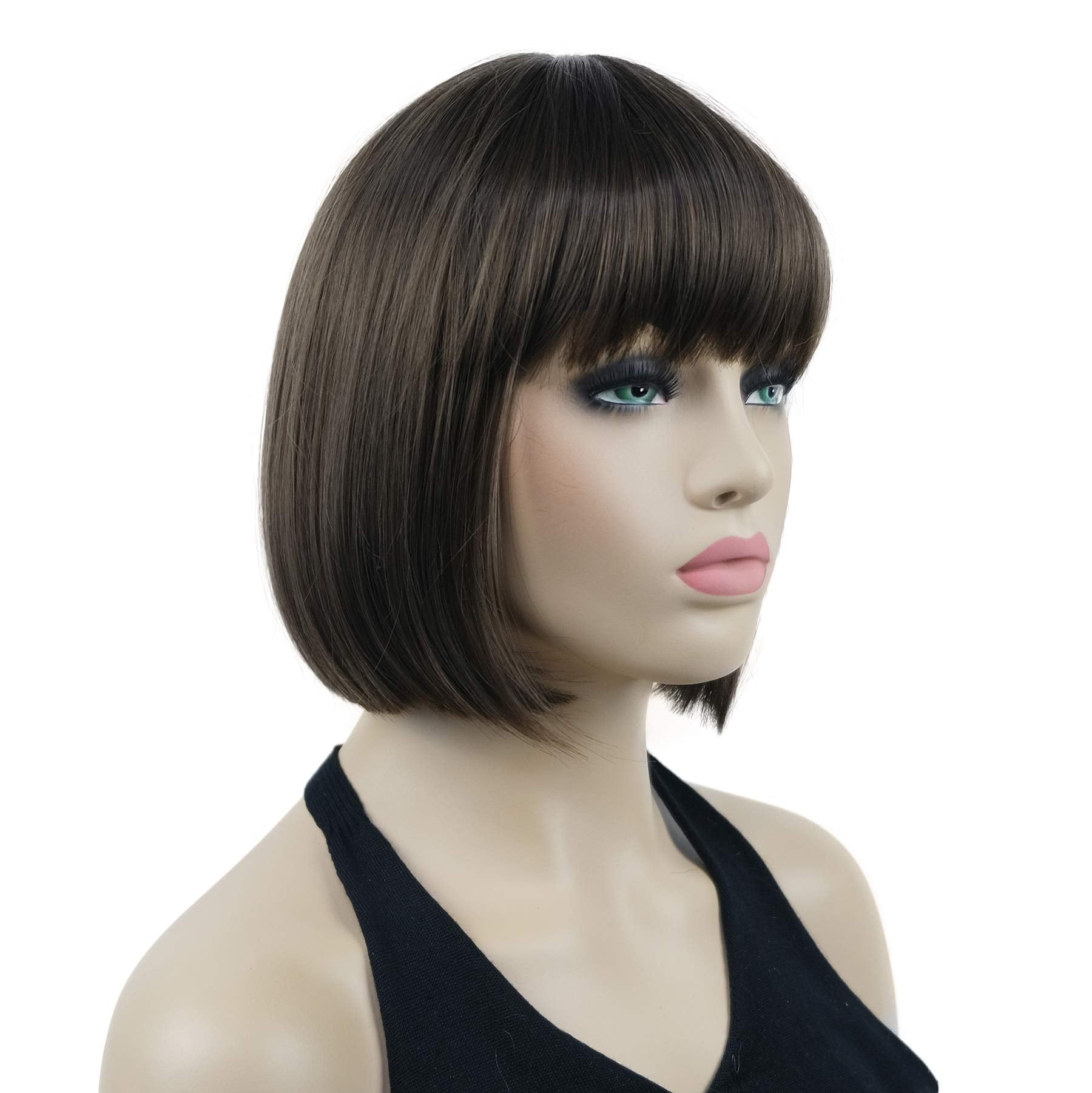Lydell 8'' Straight Short Bob Hair Flat Bangs Cute Central Dot Skin Top Heat Resistant Synthetic Wigs (8 Light Chestnut Brown)