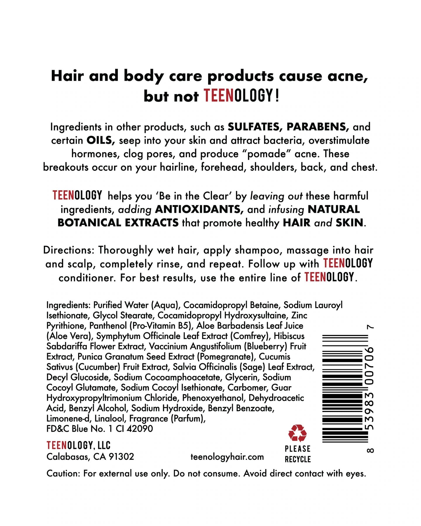 Teenology Shampoo for Teens - Avoid Forehead and Body Breakouts - No Sulfates or Parabens, Noncomedogenic, Natural Botanical Ext