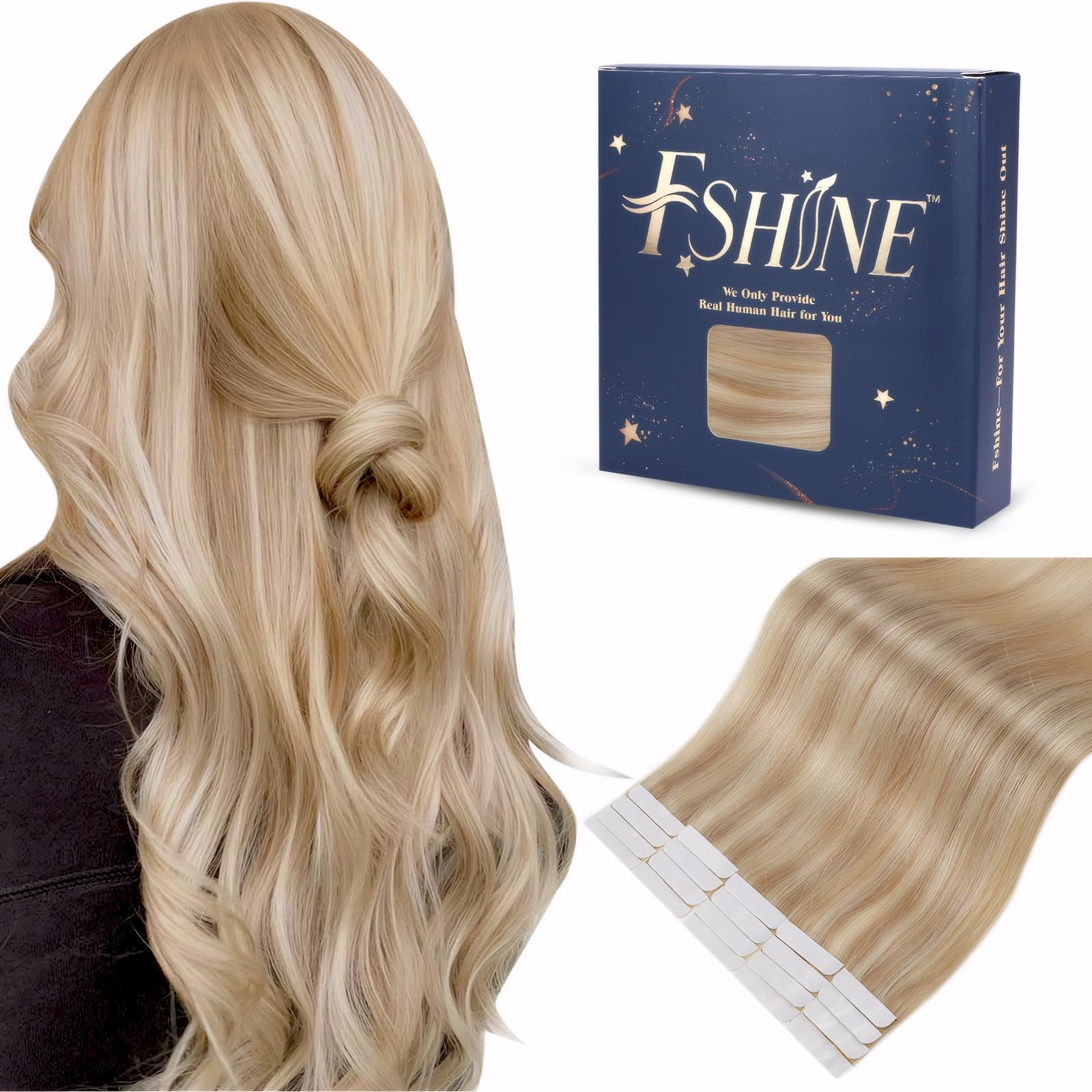Fshine Blonde Tape In Hair Extensions Human Hair Dark Ash Blonde Highlighted With Golden Blonde Remy Hair Tape In Extensions 12