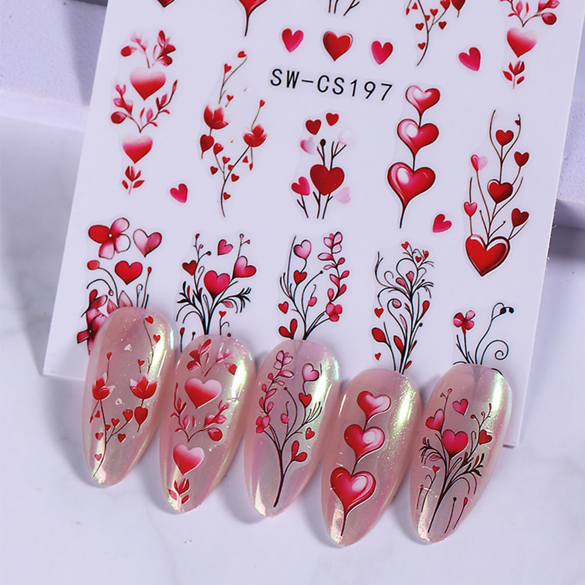 Valentine'S Day Nail Art Sticker Decals Red Love Heart Rose Nail Stickers 6Pcs 3D Self-Adhesive Love Heart Tree Rose Valentines