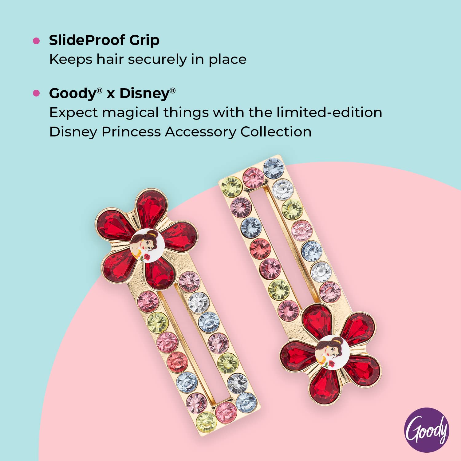 GOODY Hinge Jewel Clip - Disney Princess, Belle - Slideproof Rhinestone Hair Accessories for Men, Women, Boys & Girls - Style Wi