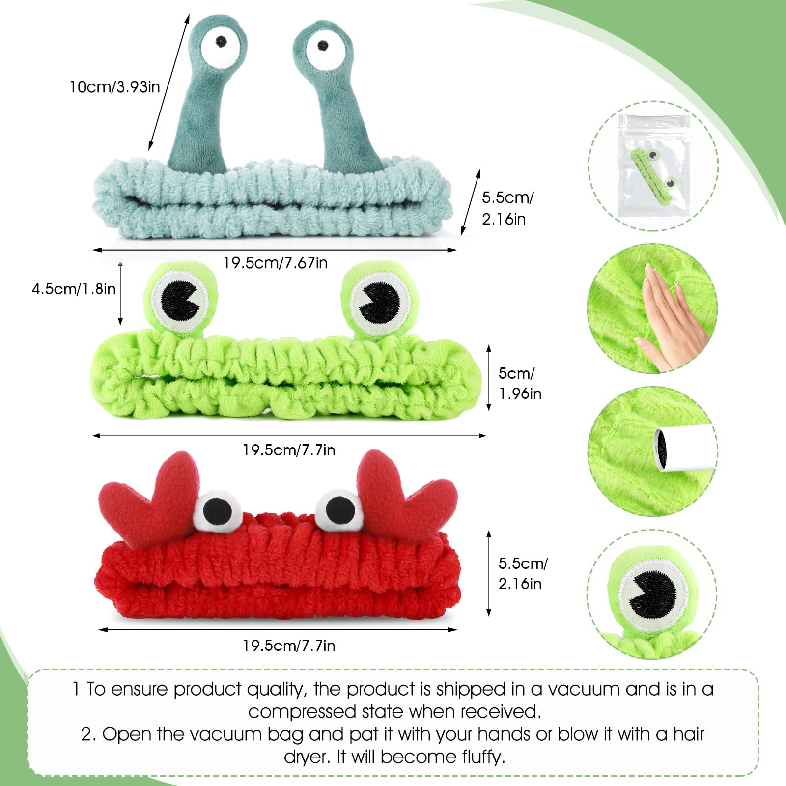 Wllhyf 3 Pack Spa Headband Face Wash Hairband Facial Makeup Head Wraps Cartoon Elastic Head Band Cute Frog Snail Crab Shower Hea