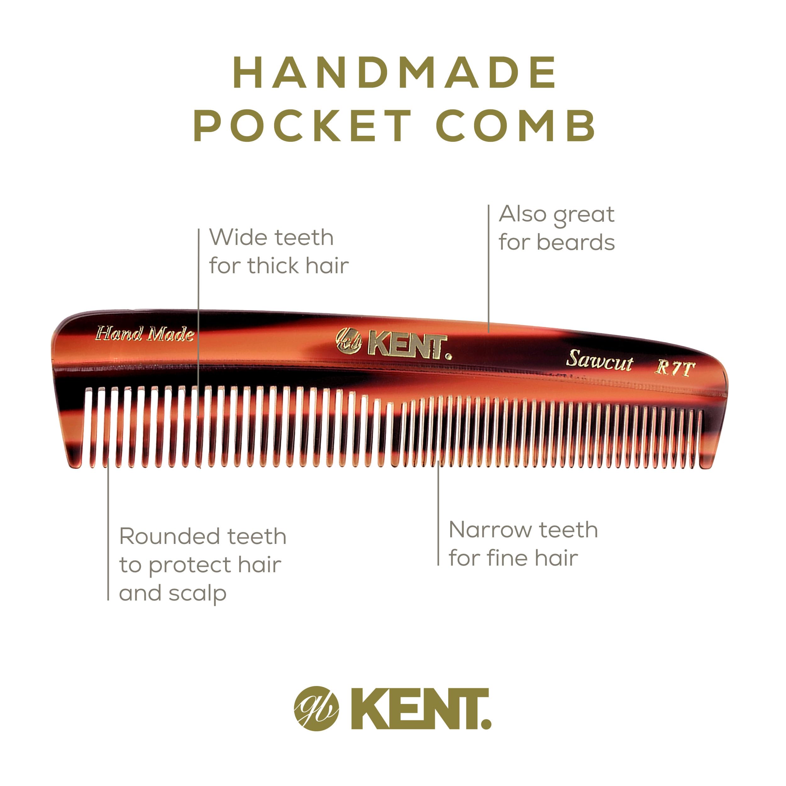 Kent R7T Double Tooth Hair Pocket Comb, Small Fine/Wide Tooth Comb For Hair, Beard And Mustache, Coarse/Fine Hair Grooming Comb