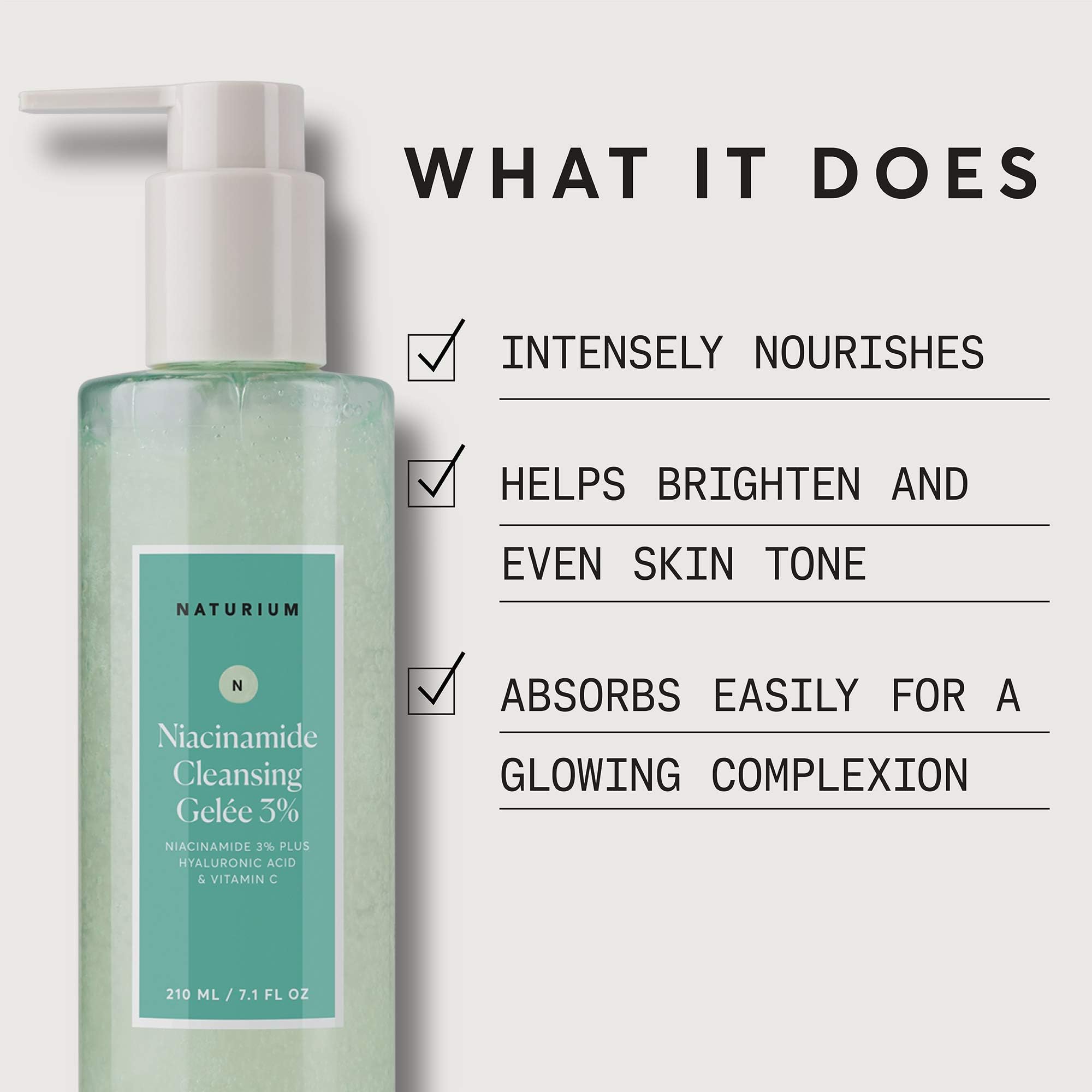 Naturium Niacinamide Cleansing Gel  e 3% Plus Hyaluronic Acid & Vitamin C, Gentle & Smoothing Face Wash, 7.1 oz