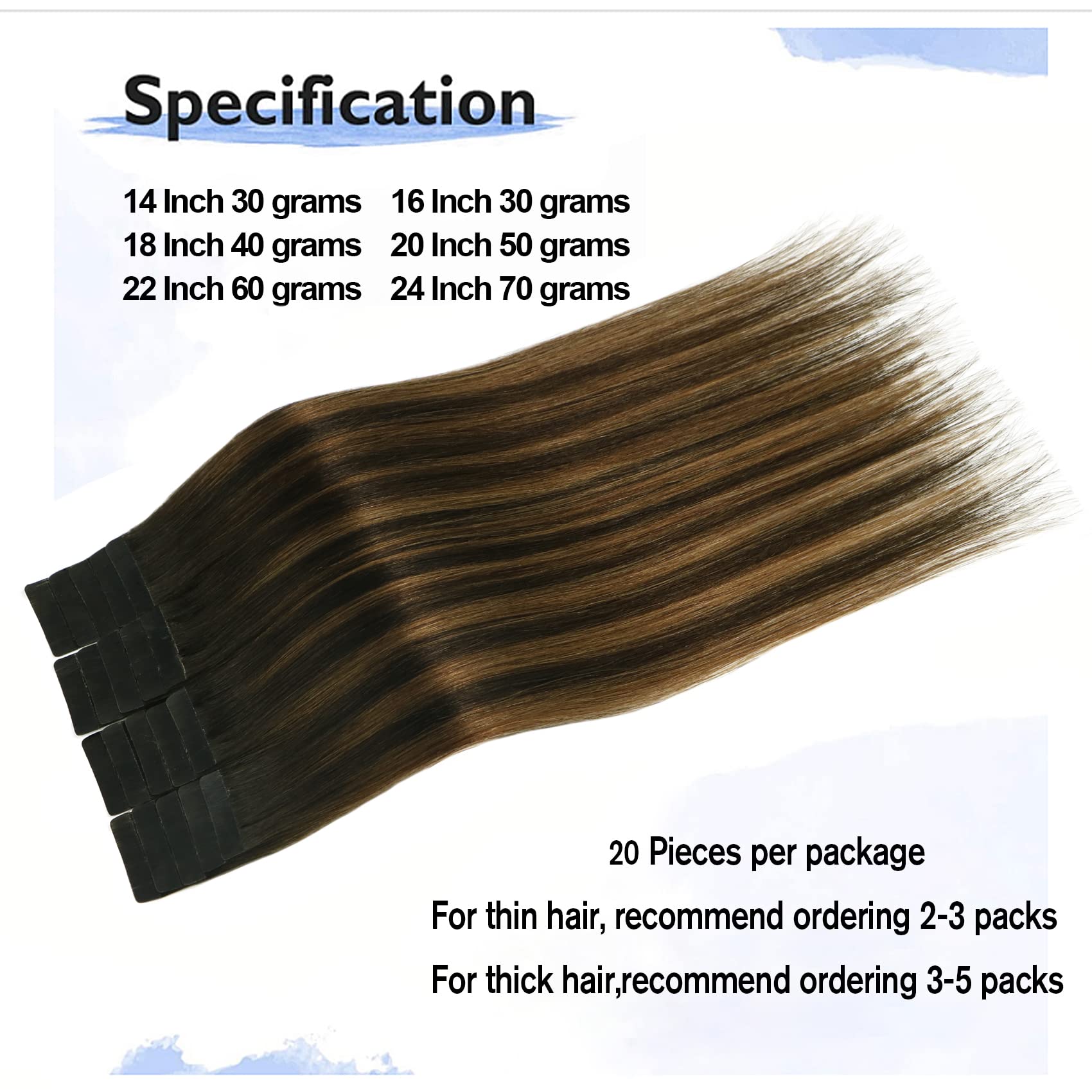 Aison Balayage Dark Brown Ombre To Chestnut Brown Human Hair Tape In Extensions 16Inches 30G 20 Pcs/Pack Tape Ins Human Hair Ext