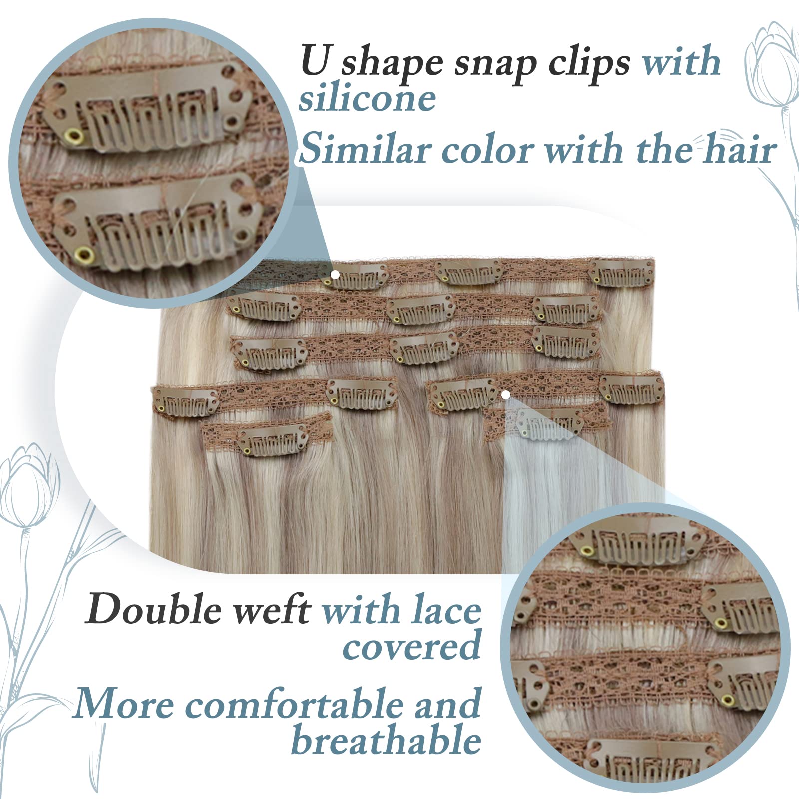 Runature Human Hair Clip In Extensions Grey Blonde Highlight Platinum Blonde Hair Extensions Clip Ins 20 Inch 120G Real Hair Cli