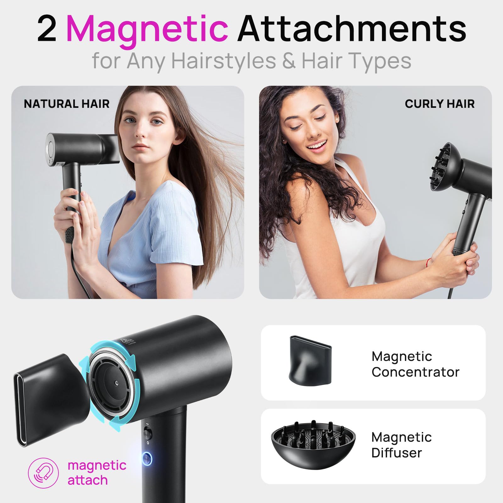 Hair Dryer with Diffuser for Curly Hair, Portable Blow Dryer for Women and Men, Professional Lightweight High Speed Ionic Hair D