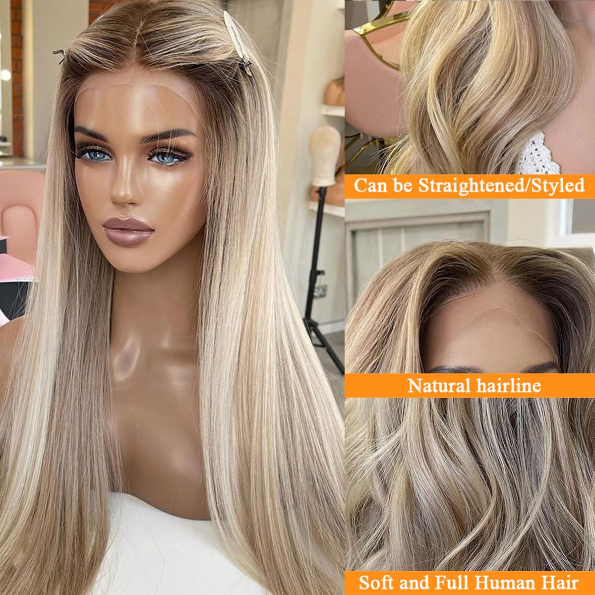 30 Inch Highlight Ombre Lace Front Wig Human Hair, 150% Density Ash Blonde Long Straight Hair 13X4 Lace Front Wigs Pre Plucked W