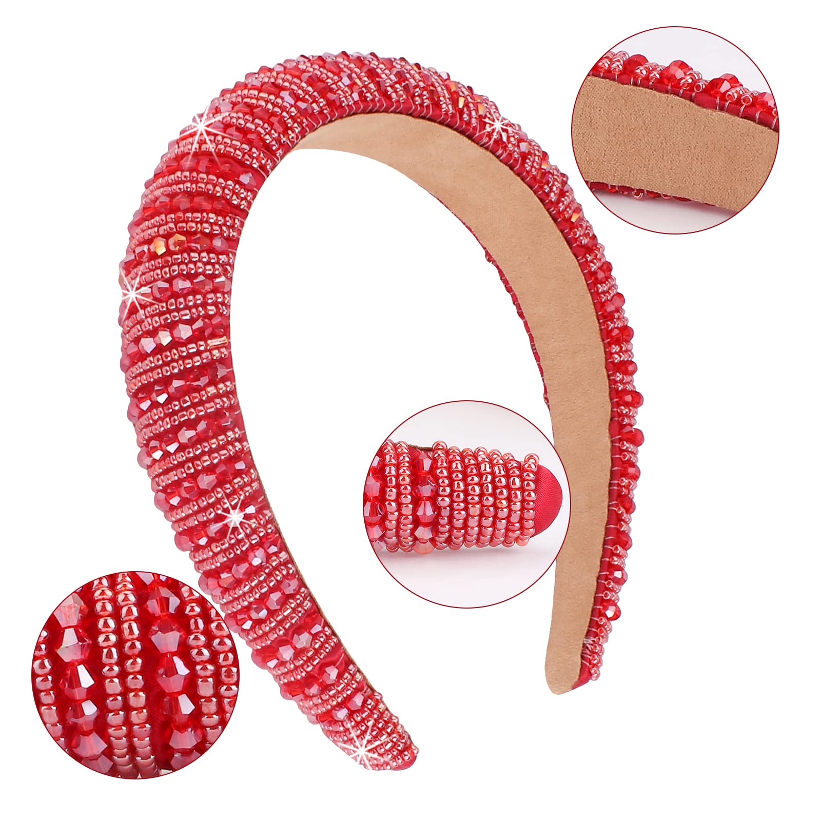 Wecoe Red Headband Women Rhinestone Headband Fashion Padded Headband Cute Fancy Bling Diamond Sparkle Crystal Beaded Headband Ho