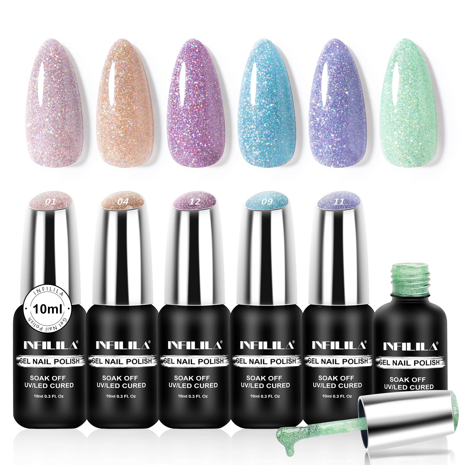 NXJ INFILILA Reflective Glitter Gel Polish, 10ml Summer Sparkle Gel Nail Polish Set, 6 Colors Rose Gold Green Pink Blue Purple S