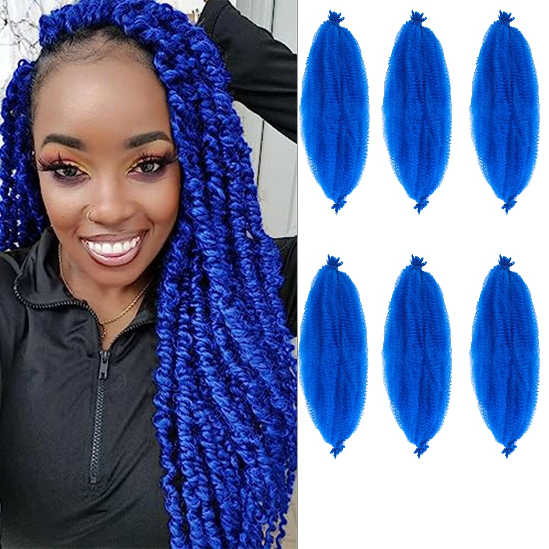 Springy Afro Twist Hair 12 Inch 6 Packs Pre Fluffed Marley Twist Braiding Hair for Black Women (12 inch, 6 Packs, Blue)