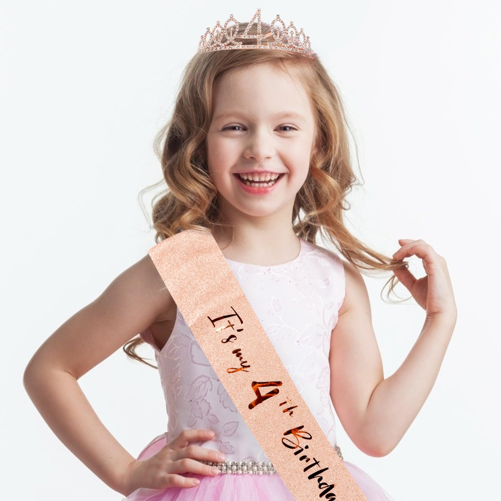 Cieher 4Th Birthday Crown + 4Th Birthday Sash + Pearl Pin Set, It'S My 4Th Birthday Sash, 4 Birthday Tiara, 4Th Birthday Decorat