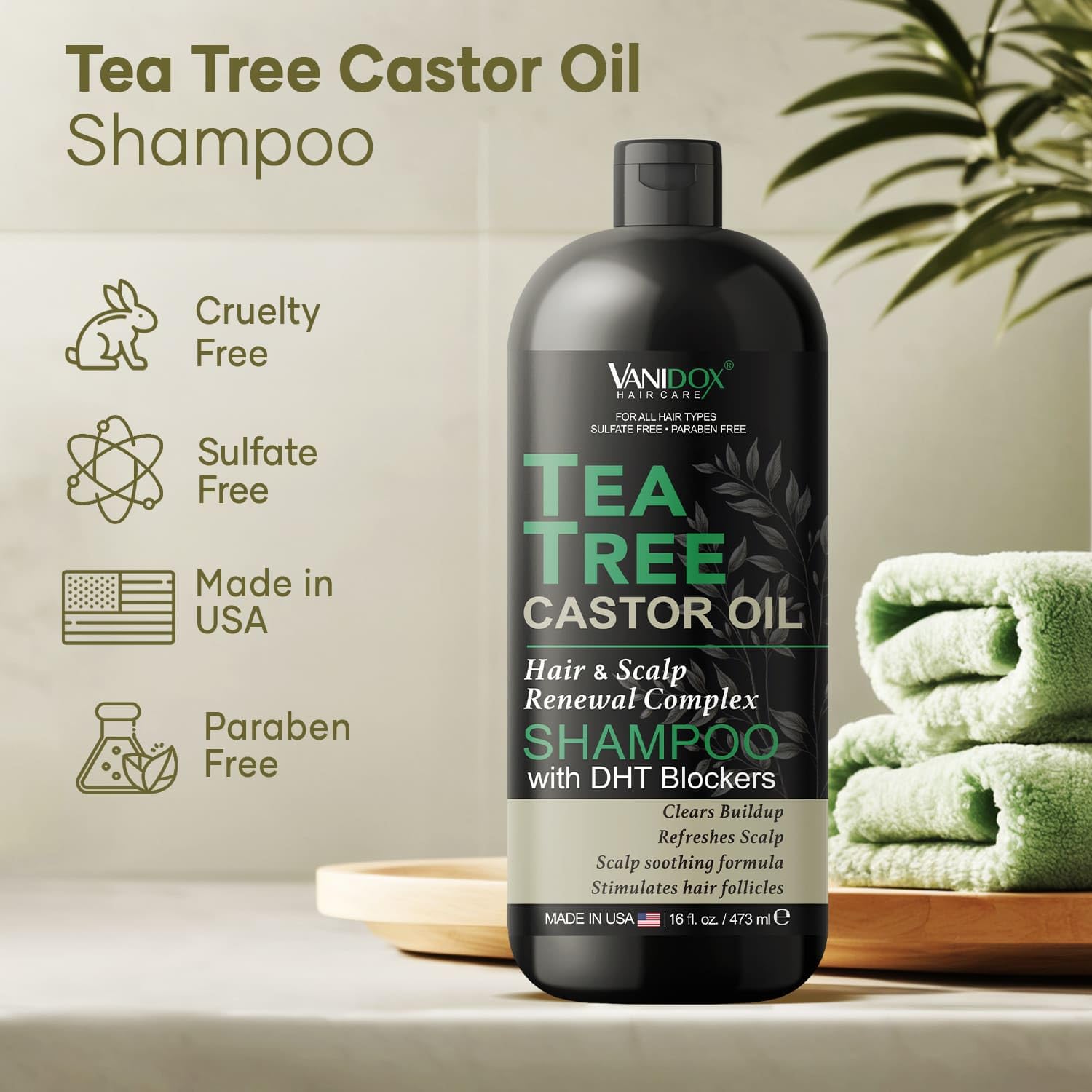 VANIDOX Tea Tree Shampoo with Castor Oil and 100% Pure Tea Tree Oil for Itchy and Dry Scalp - Sulfate and Paraben Free, Tea Tree