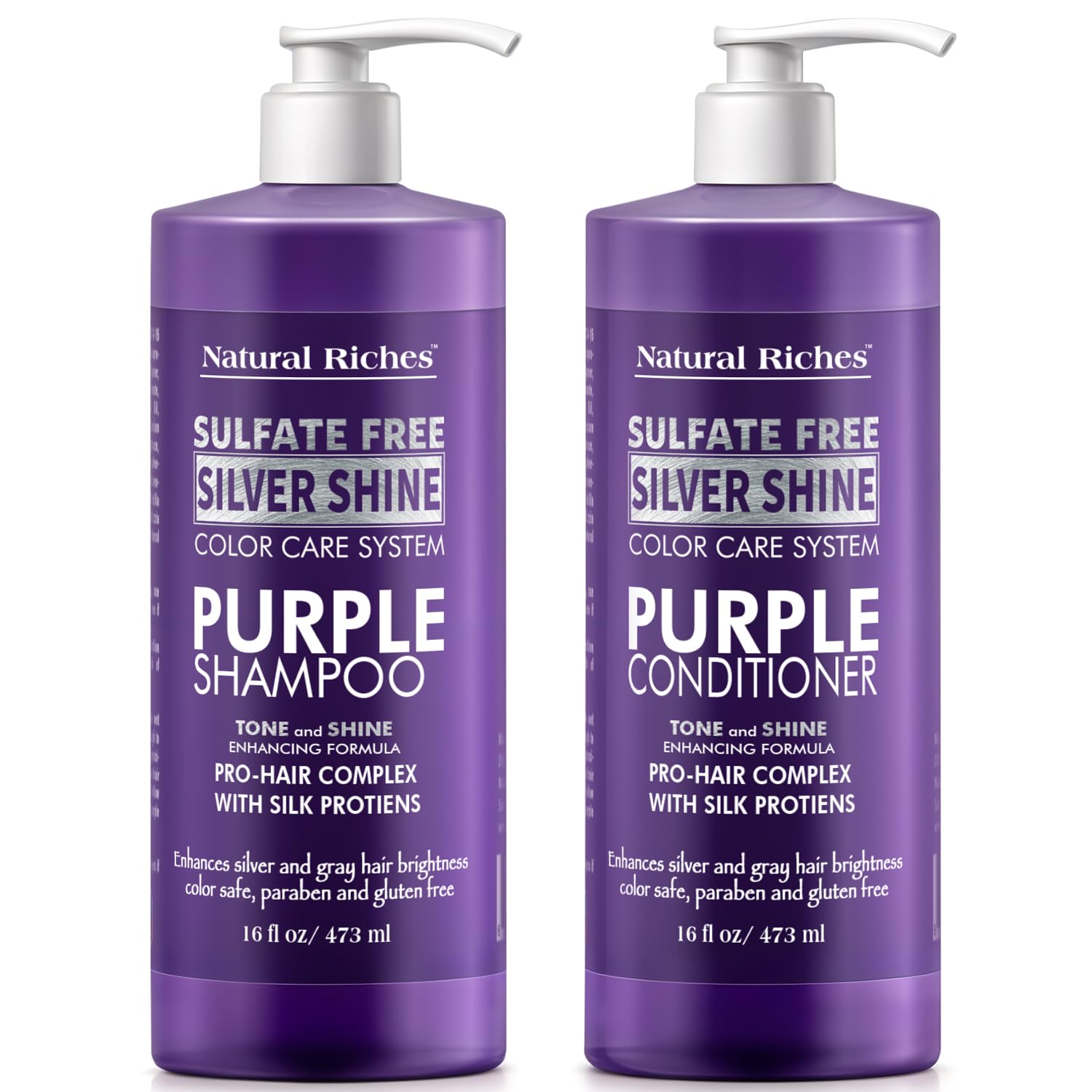 Natural Riches Radiant Silver Shine Purple Shampoo and Conditioner Set for Gray Hair - Paraben-Free and Color Safe - With Silk P