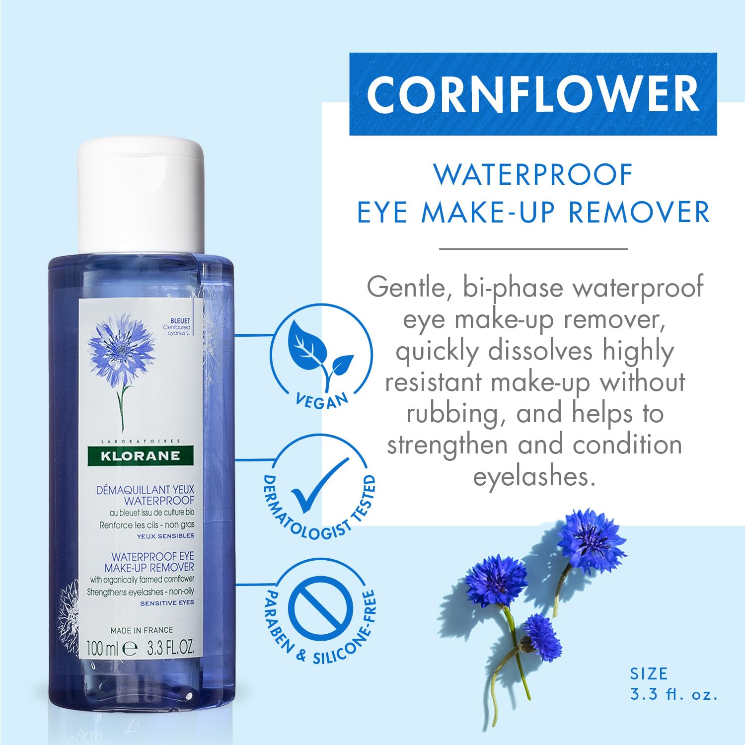 Klorane - Waterproof Eye Makeup Remover With Organically Farmed Cornflower - Sensitive Skin Approved -Fragrance Free & Paraben-F