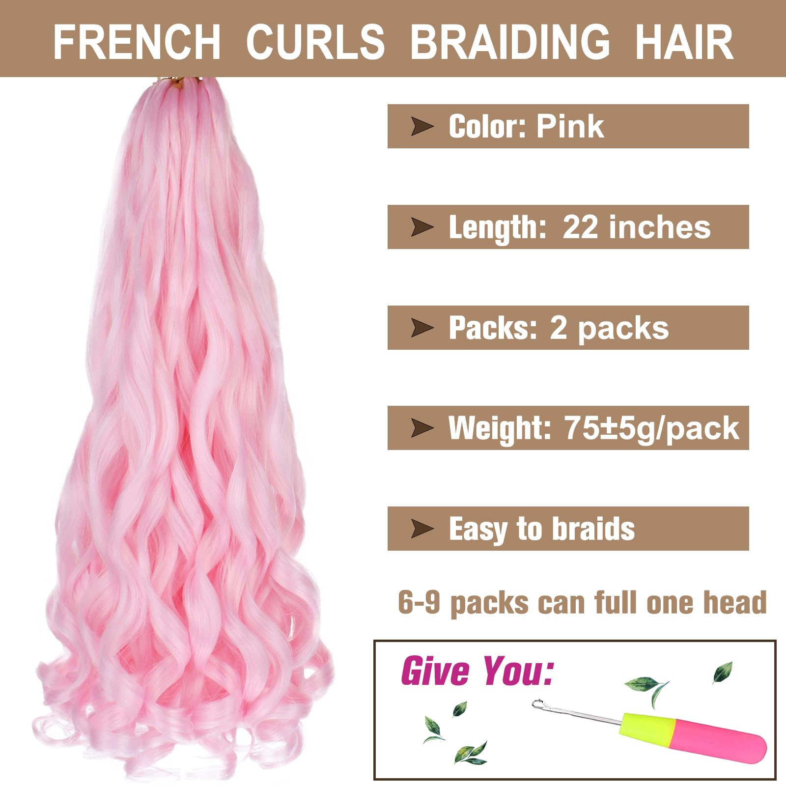 Cookoo Pre Stretched French Curl Braiding Hair Pink 22 Inch 2 Packs Goddess Crochet Hair With Curly Wave Ends 75G/Pack Loose Wav