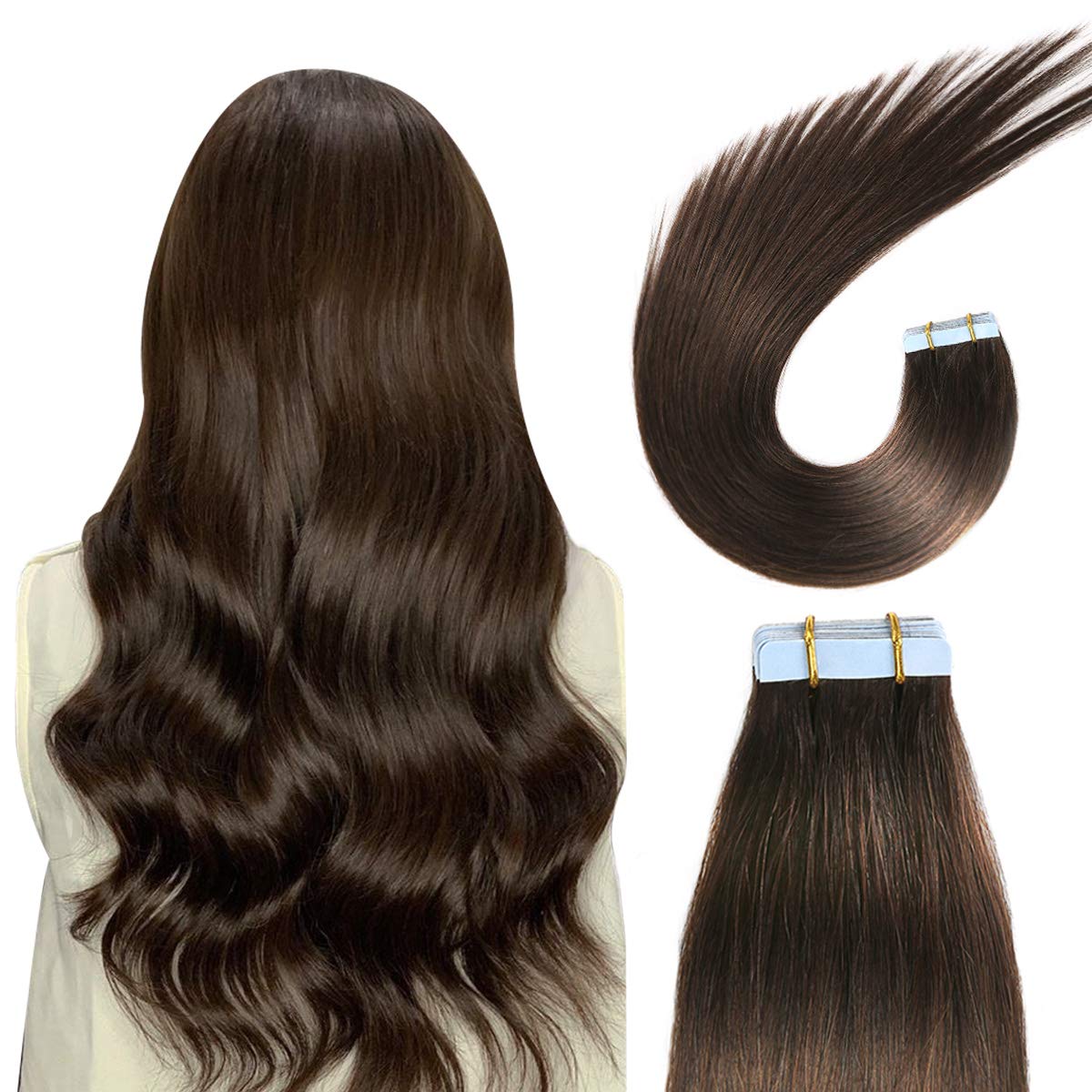Suyya Tape In Hair Extensions Human Hair 100% Remy Human Hair Darkest Brown 50G/Pack 20Pcs Straight Seamless Skin Weft Tape In H
