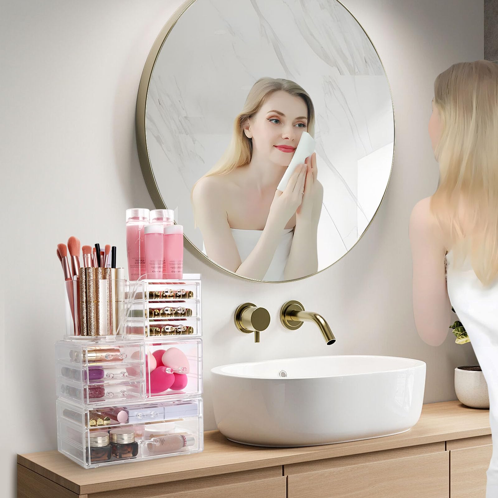 AUOIKK Clear Makeup Organizer with 9 Drawers & Rotating Brush Holder - Large Capacity Cosmetic Display Cases Storage for Vanity,