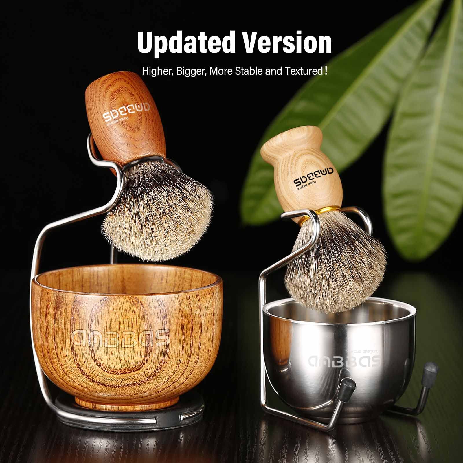 Anbbas 4in1 Shaving Set, Pure Badger Hair Shaving Brush Wood Handle and Large Soap Bowl,Stainless Steel Shaving Stand with 3.5OZ