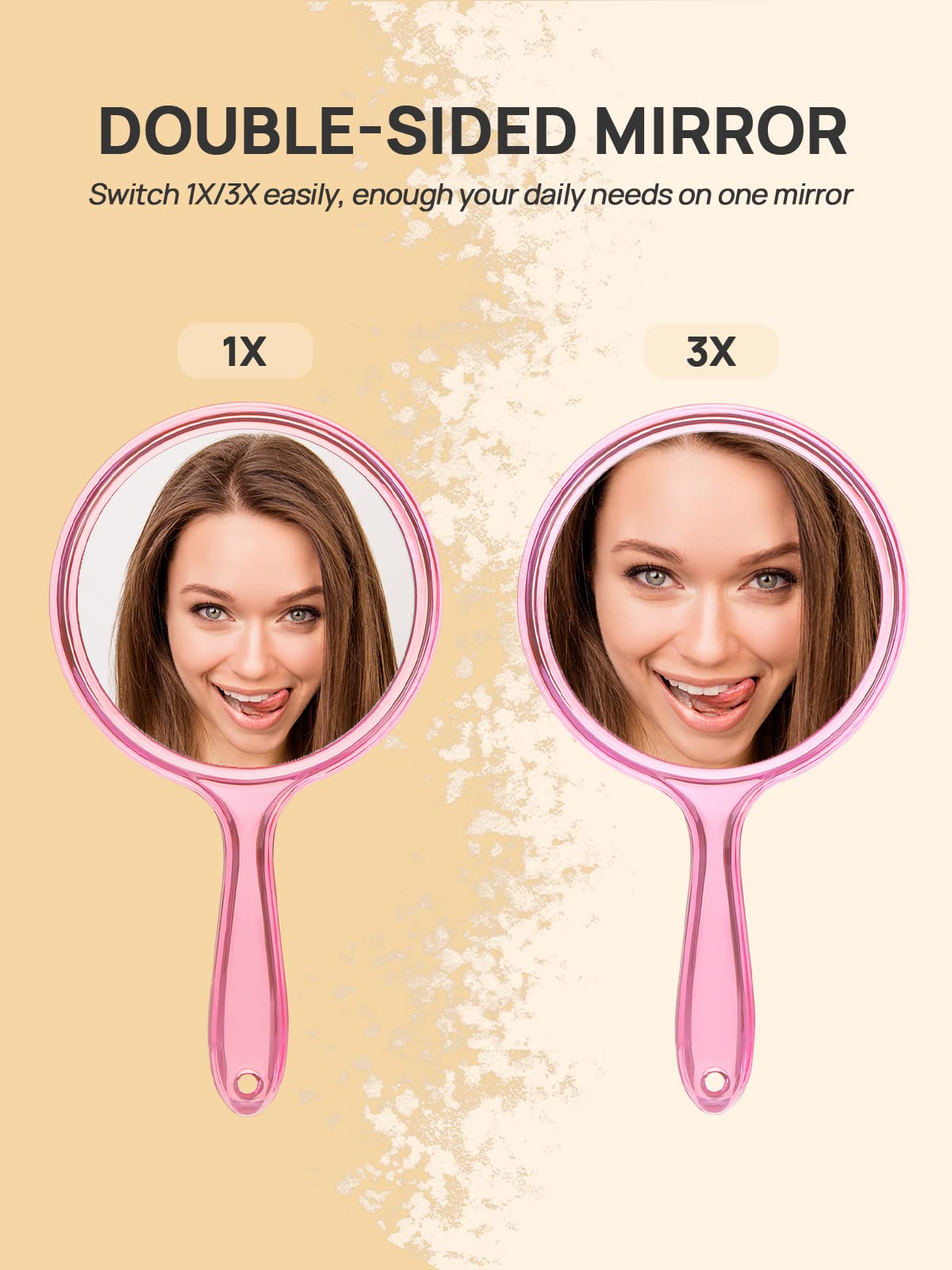 Omiro Hand Mirror, Double-Sided Handheld Mirror 1X/3X Magnifying Mirror With Handle, Pack Of 1 (Transparent Pink)